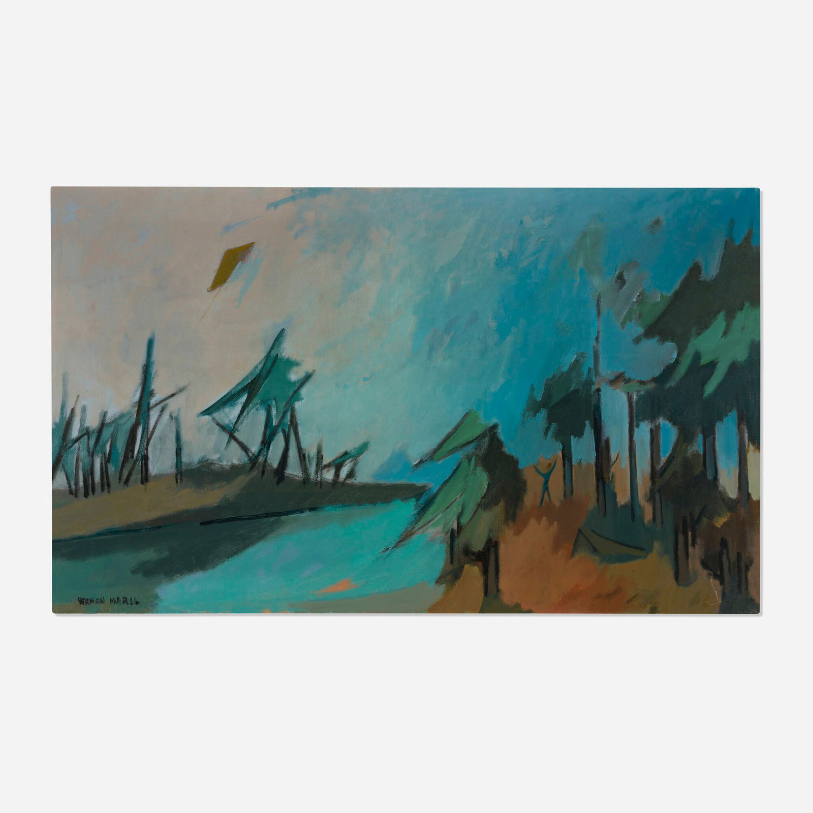 Herman Maril, The Kite: Herman Maril The Kite c. 1960oil on canvas 30.25 h x 50.125 w in (77 x 127 cm) Signed to lower left 'Herman Maril'. Signed and titled to verso 'The Kite Herman Maril'. Provenanc