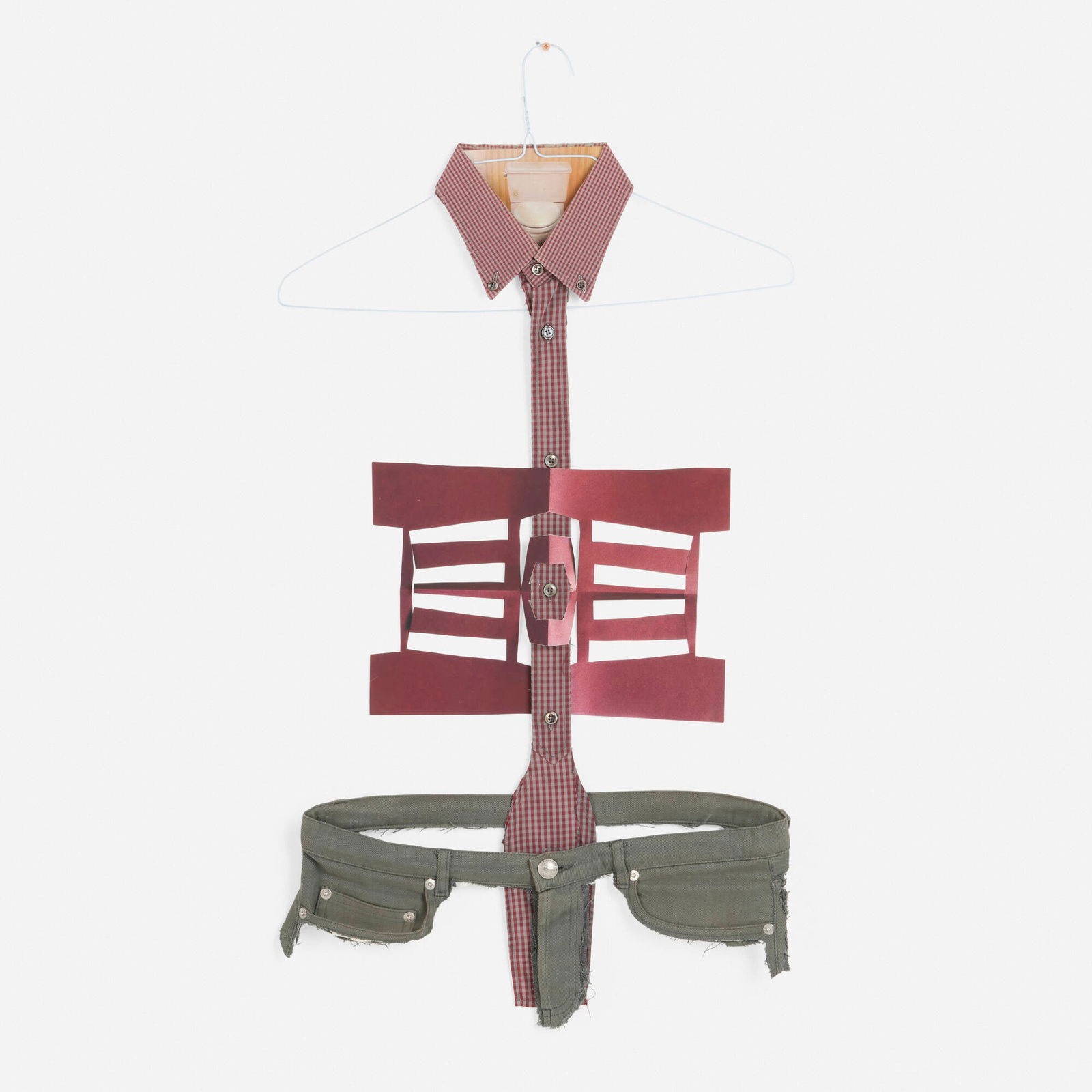 Matt Keegan, Just My Size (Toilet): Matt Keegan Just My Size (Toilet) 2016artist's clothes, wire hanger, powder-coated screw, ink-jet print, mounted oil painting 35 h x 18 w x 0.5 d in (89 x 46 x 1 cm) Exhibited: