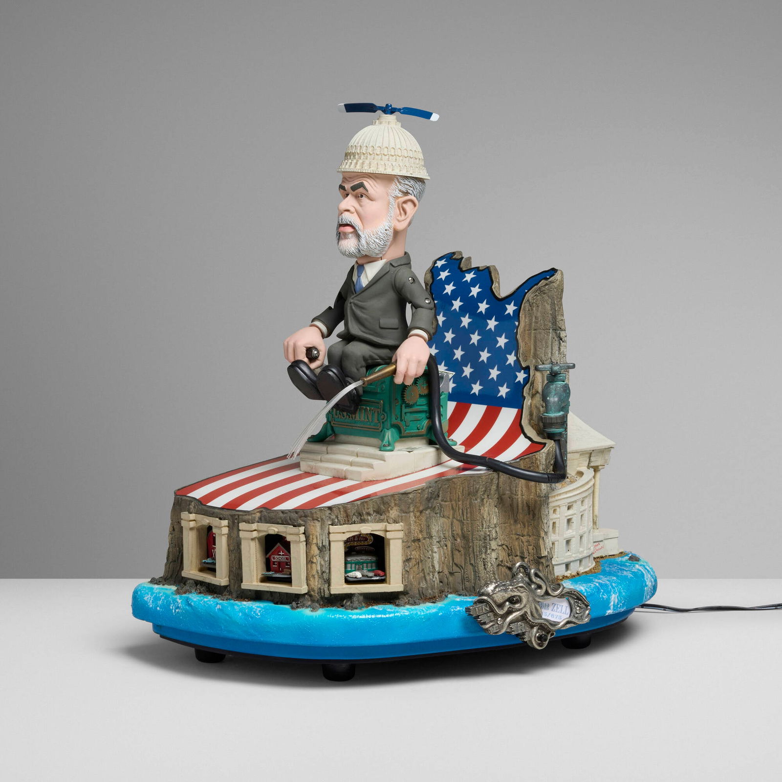 Sam Zell, Quantitative Teasing (Automaton): Sam Zell Quantitative Teasing (Automaton) USA, 2012molded plastic, rubber, painted metal 14.125 h x 13.75 w x 10 d in (36 x 35 x 25 cm) Sam Zell, a billionaire businessman and real estate inve