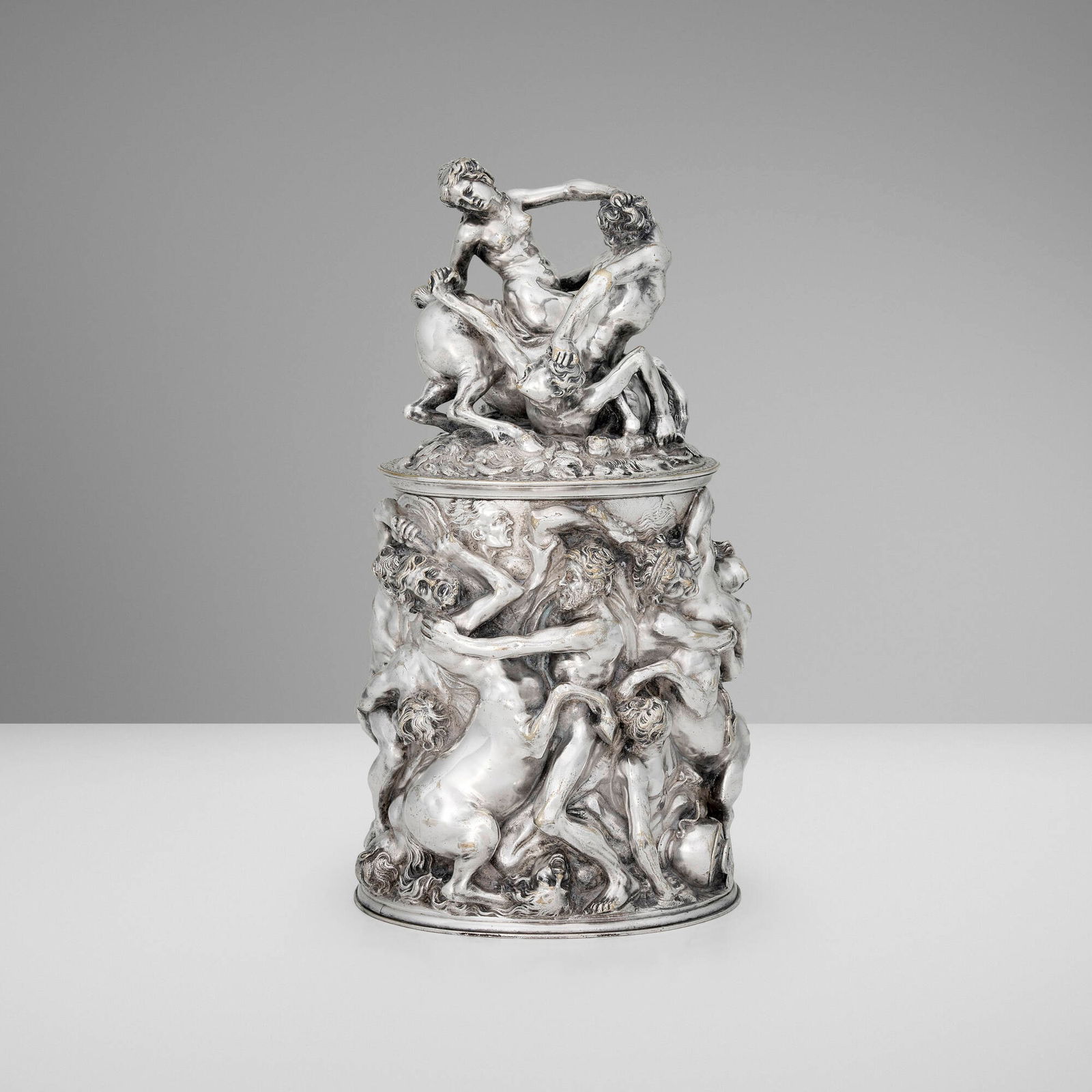 Henri Picard, The Battle of the Centaurs and the Lapiths lidded jar: Henri Picard The Battle of the Centaurs and the Lapiths lidded jar France, 19th centurysilver-plated bronze 13 h x 6.75 w x 5.5 d in (33 x 17 x 14 cm) De Braux foundry mark to lower edge of li