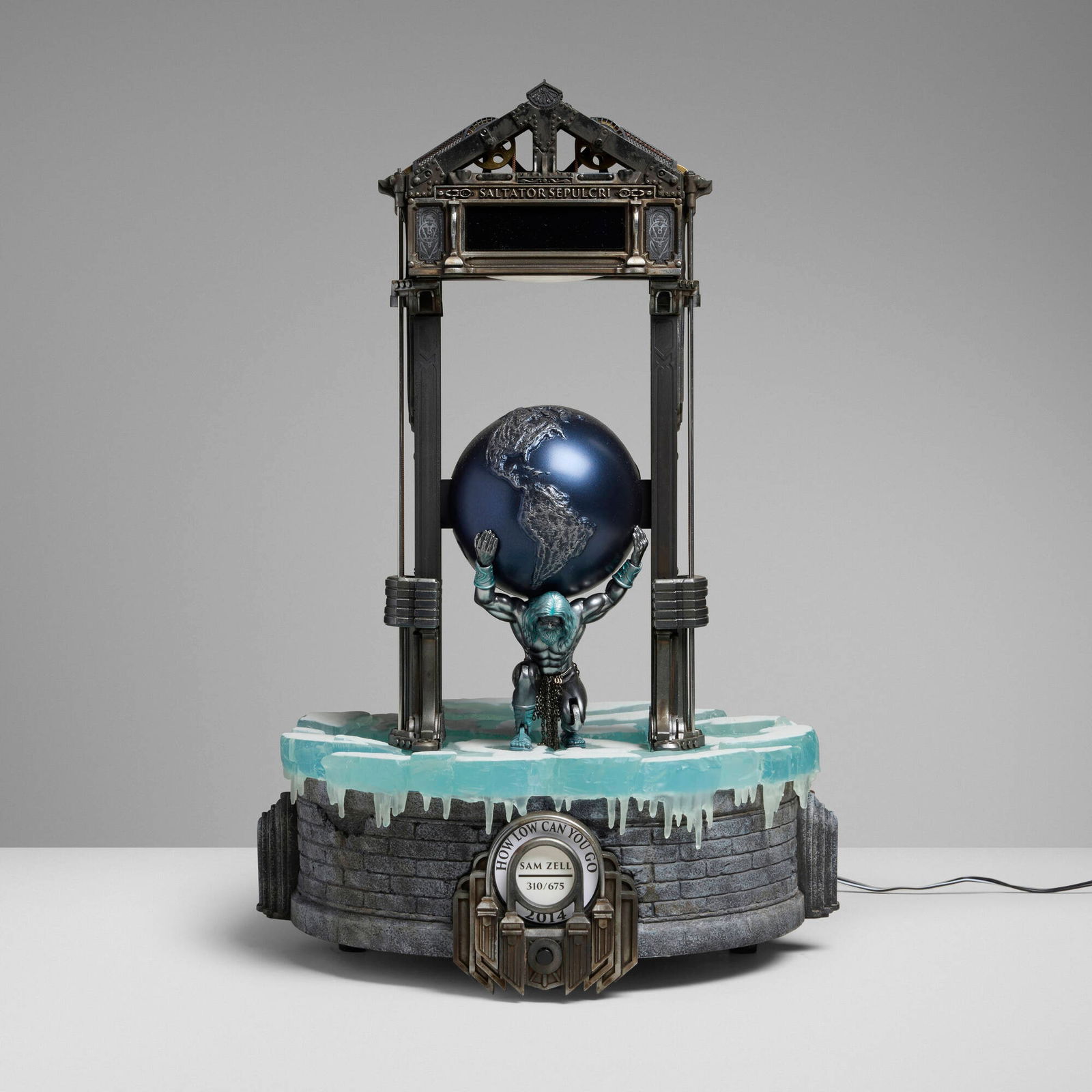 Sam Zell, How Low Can You Go (Automaton): Sam Zell How Low Can You Go (Automaton) USA, 2014brass, molded plastic, cord 17.5 h x 11.5 w x 12.25 d in (44 x 29 x 31 cm) Sam Zell, a billionaire businessman and real estate investor, create