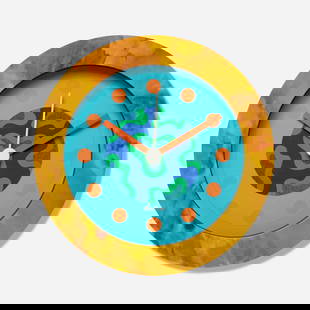 Nathalie Du Pasquier and George Sowden, Neos wall clock: Nathalie Du Pasquier and George Sowden Neos wall clock Lorenz France/Italy, c. 1988 plastic, glass, enameled aluminum 2 h x 13.5 dia in (5 x 34 cm) Cast manufacturer's mark to reverse 'Neos of