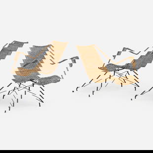 Martin Eisler and Carlo Hauner, Armchairs, pair: Martin Eisler and Carlo Hauner Armchairs, pair Forma Austria/Italy / Brazil, c. 1950 enameled steel, rattan 30 h x 29.5 w x 32 d in (76 x 75 x 81 cm) Provenance: Private Collection, Sao Paulo |