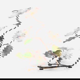 Bovano of Cheshire, Dogwood blossoms and leaves on branch: Bovano of Cheshire Dogwood blossoms and leaves on branch USA, c. 1990 vitreous enamel fused to metal, enameled copper 8.75 h x 8.375 w x 5.875 d in (22 x 21 x 15 cm) Provenance: Estate of Amy Lau 