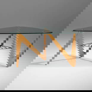 Louis Sognot, Coffee table: Louis Sognot Coffee table France, c. 1950 oak, enameled steel, chrome-plated steel, glass 17.5 h x 35.5 w x 26.5 d in (44 x 90 x 67 cm) Provenance: Wright, Modern Design, 10 March 2002, Lot 239 |