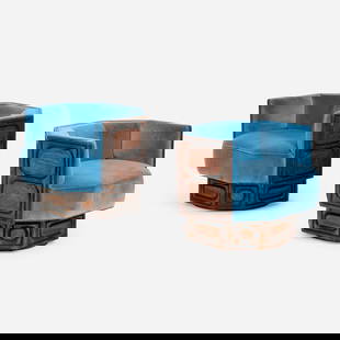 Wiliam Westenhaver, Swivel lounge chairs, pair: Wiliam Westenhaver Swivel lounge chairs, pair WITCO USA, c. 1970 cedar, velvet Dedar upholstery 26.25 h x 31 w x 30 d in (67 x 79 x 76 cm) Provenance: Estate of Amy Lau This work will ship from