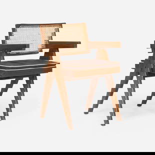 Pierre Jeanneret, attribution, Armchair: Pierre Jeanneret, attribution Armchair c. 1960 teak, cane, upholstery 31 h x 19.5 w x 19.5 d in (79 x 50 x 50 cm) This work will ship from Lambertville, New Jersey.