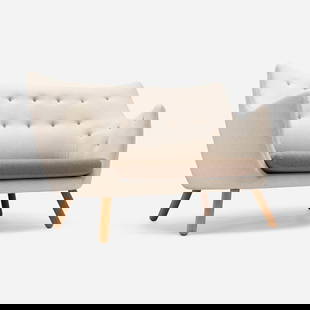 Finn Juhl, Poet sofa: Finn Juhl Poet sofa House of Finn Juhl Denmark, 1941 / 2010 wool upholstery, teak 34 h x 52 w x 33 d in (86 x 132 x 84 cm) Provenance: Private Collection | Wright, Essential Design, 3 August 2023,