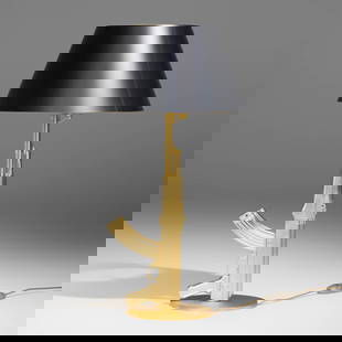 Philippe Starck, Prototype Golden Gun table lamp: Philippe Starck Prototype Golden Gun table lamp Flos France / Italy, 2005 gold leaf over aluminum, paper shade 37 h x 20 dia in (94 x 51 cm) The Gun Lamp collection was introduced as prototype in