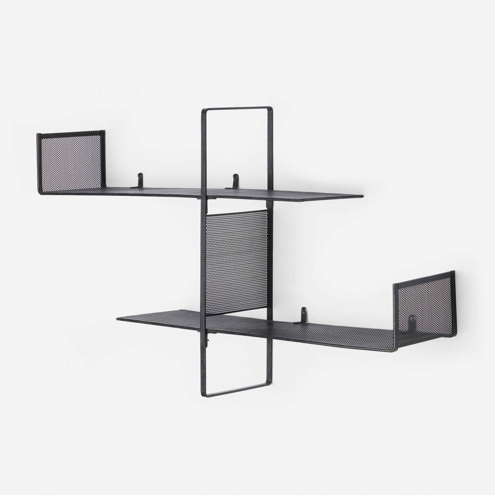 Mathieu Mategot, Wall shelf: Mathieu Mategot Wall shelf France, c. 1950perforated and enameled steel 19 h x 30 w x 7 d in (48 x 76 x 18 cm) This work will ship from Lambertville, New Jersey.