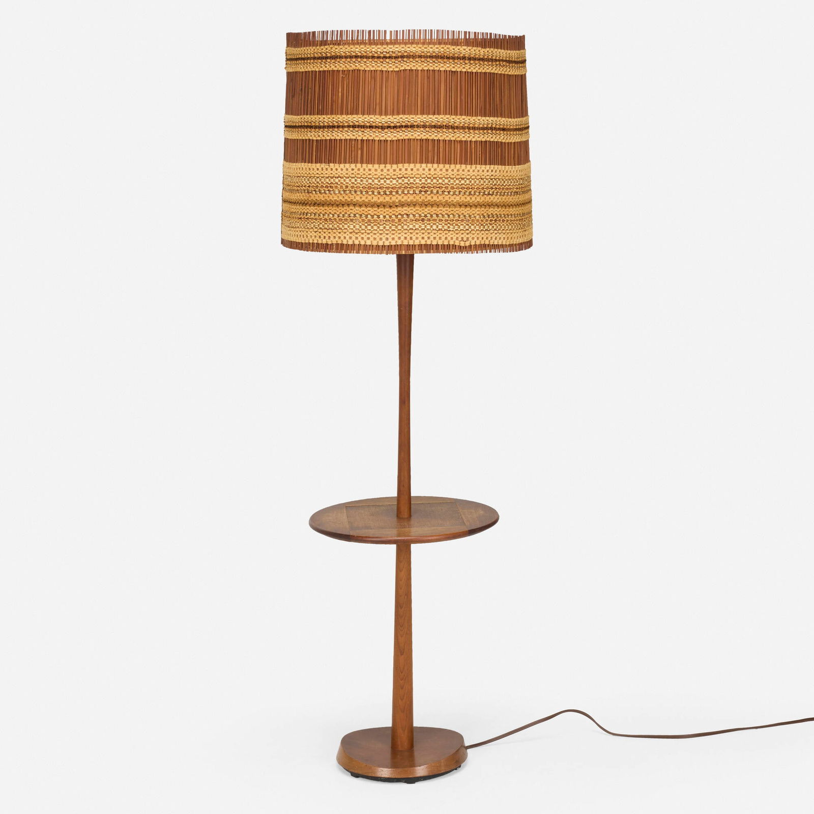 Gordon and Jane Martz, Floor lamp with table: Gordon and Jane Martz Floor lamp with table Marshall StudiosUSA, c. 1965walnut, Maria Kipp shade 57 h x 18 dia in (145 x 46 cm) Lamp features a shade by Maria Kipp. Litera