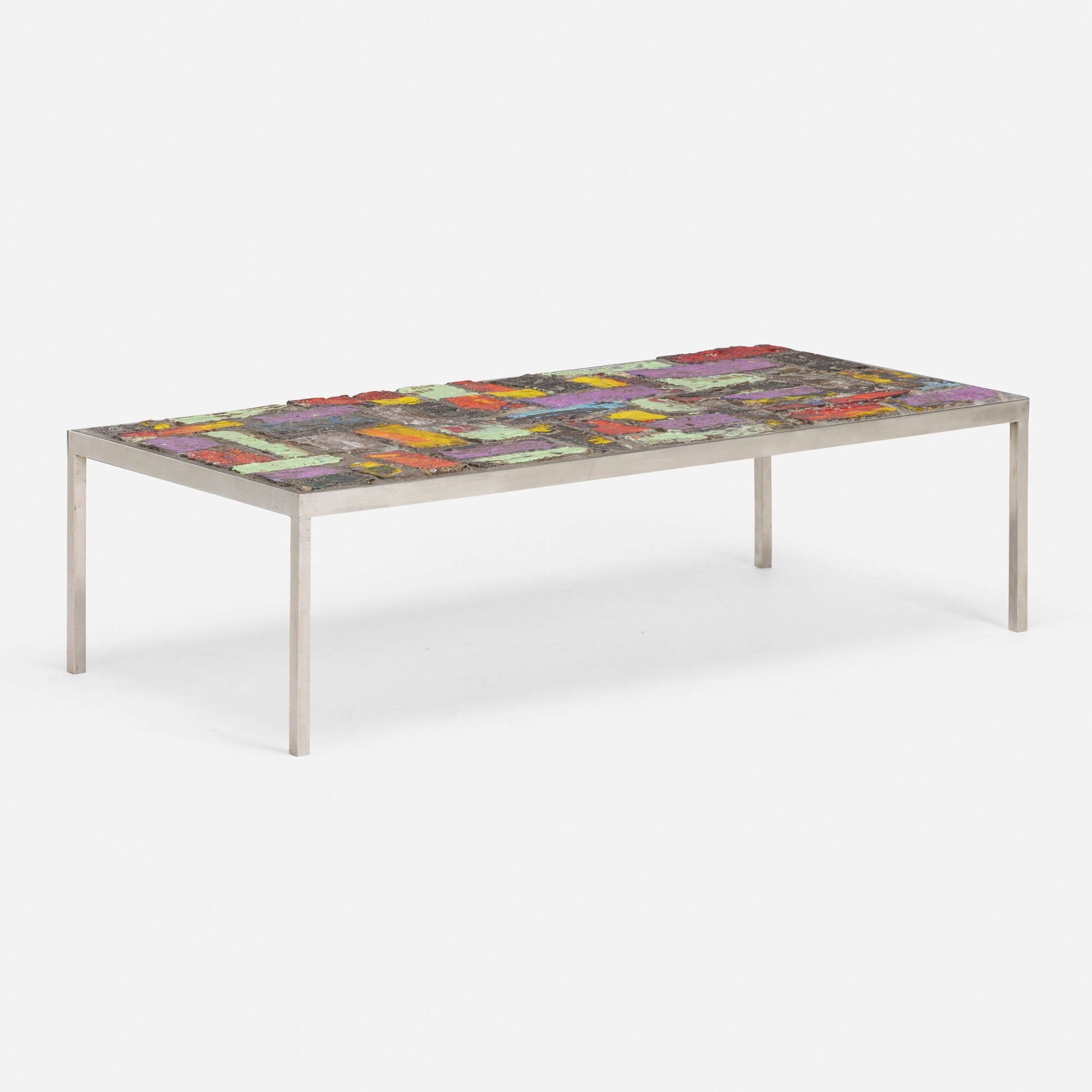 Jules Dewaele, Coffee table: Jules Dewaele Coffee table Pia ManuBelgium, c. 1960glazed ceramic tiles, chrome-plated stainless steel 13.75 h x 49.5 w x 23.75 d in (35 x 126 x 60 cm) Provenance: Estat