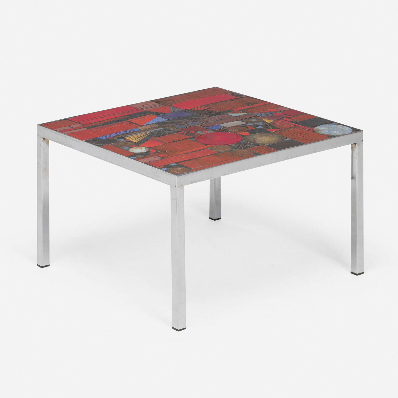 Jules Dewaele, Coffee table: Jules Dewaele Coffee table Pia ManuBelgium, c. 1960glazed ceramic tiles, chrome-plated steel 15.25 h x 23.75 w x 23.75 d in (39 x 60 x 60 cm) Provenance: Estate of Amy L
