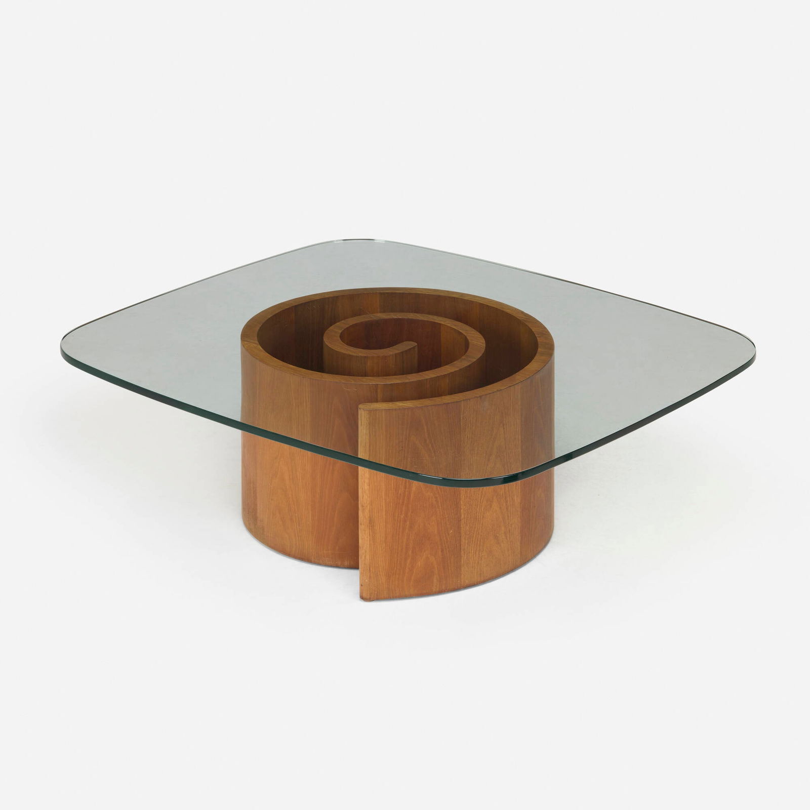 Vladimir Kagan, Snail coffee table: Vladimir Kagan Snail coffee table SeligUSA, c. 1954walnut, glass 14.75 h x 41 w x 33 d in (37 x 104 x 84 cm) Provenance: Estate of Amy Lau Literature: