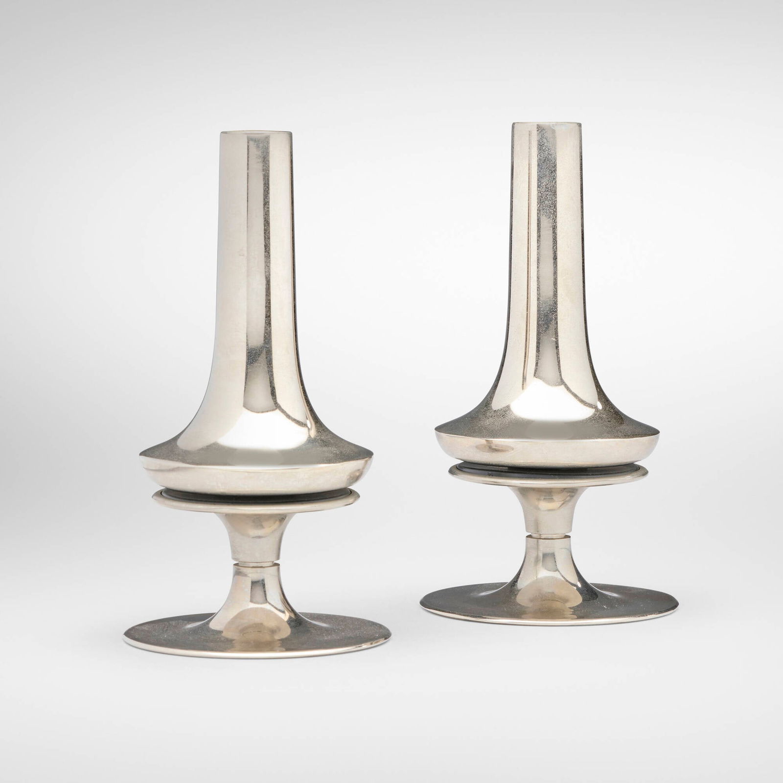 Caesar Stoffi and Fritz Nagel, Vante candleholders, set of two: Caesar Stoffi and Fritz Nagel Vante candleholders, set of two Germany, c. 1975chrome-plated metal 6.5 h x 3.5 dia in (17 x 9 cm) Provenance: Estate of Amy Lau