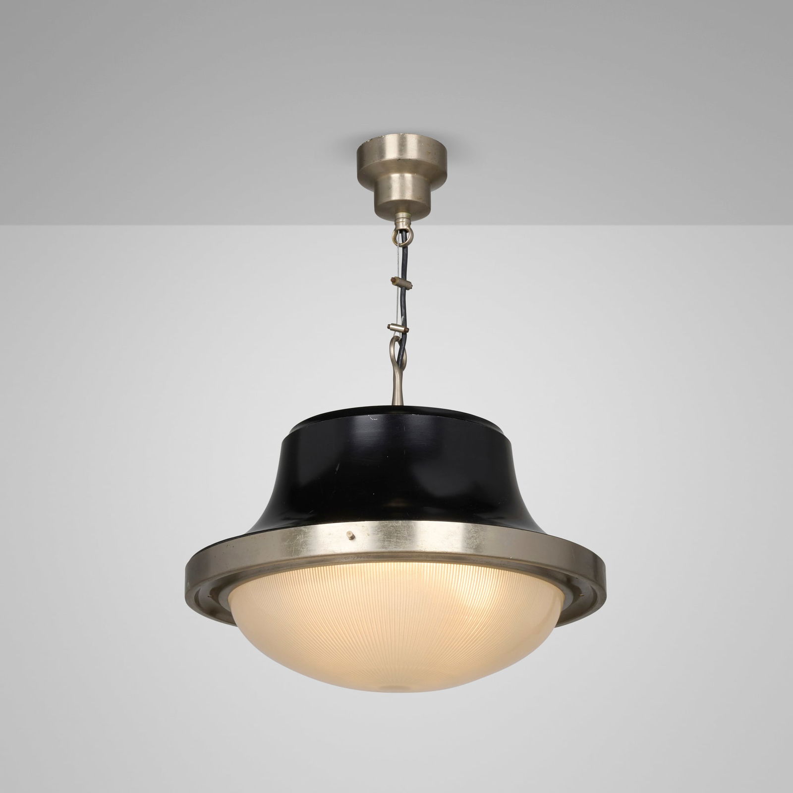 Sergio Mazza, Tau pendant lamp: Sergio Mazza Tau pendant lamp ArtemideItaly, c. 1965enameled aluminum, nickel-plated brass, glass 14 h x 15.5 dia in (36 x 39 cm) This work will ship from Lambertville, New