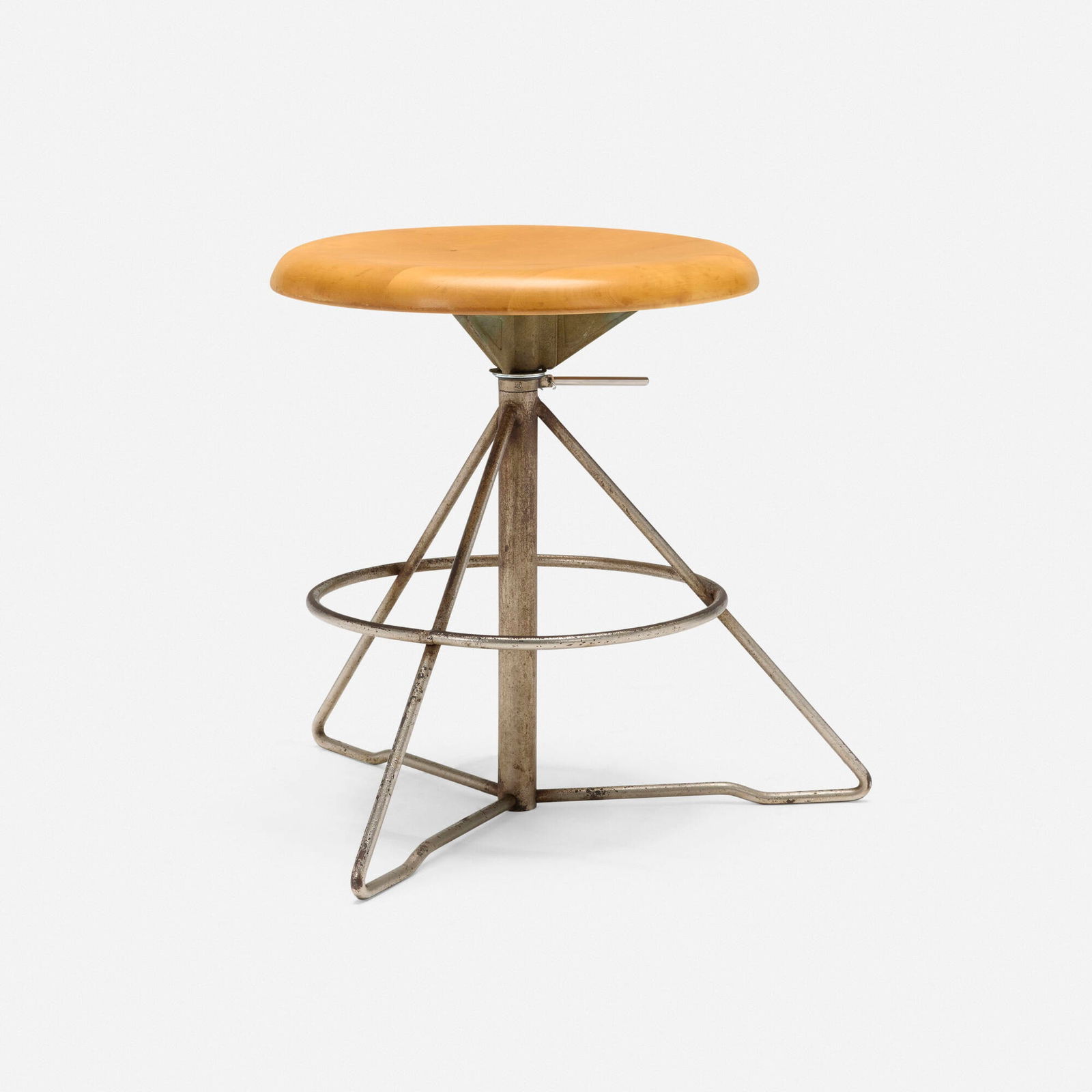 Elias Svedberg, Triva adjustable swivel stool: Elias Svedberg Triva adjustable swivel stool Nordiska Kompaniet VerkstaderSweden, c. 1950maple, chrome-plated steel 16.375 h x 17.5 w x 16.5 d in (42 x 44 x 42 cm) Branded manufacturer's