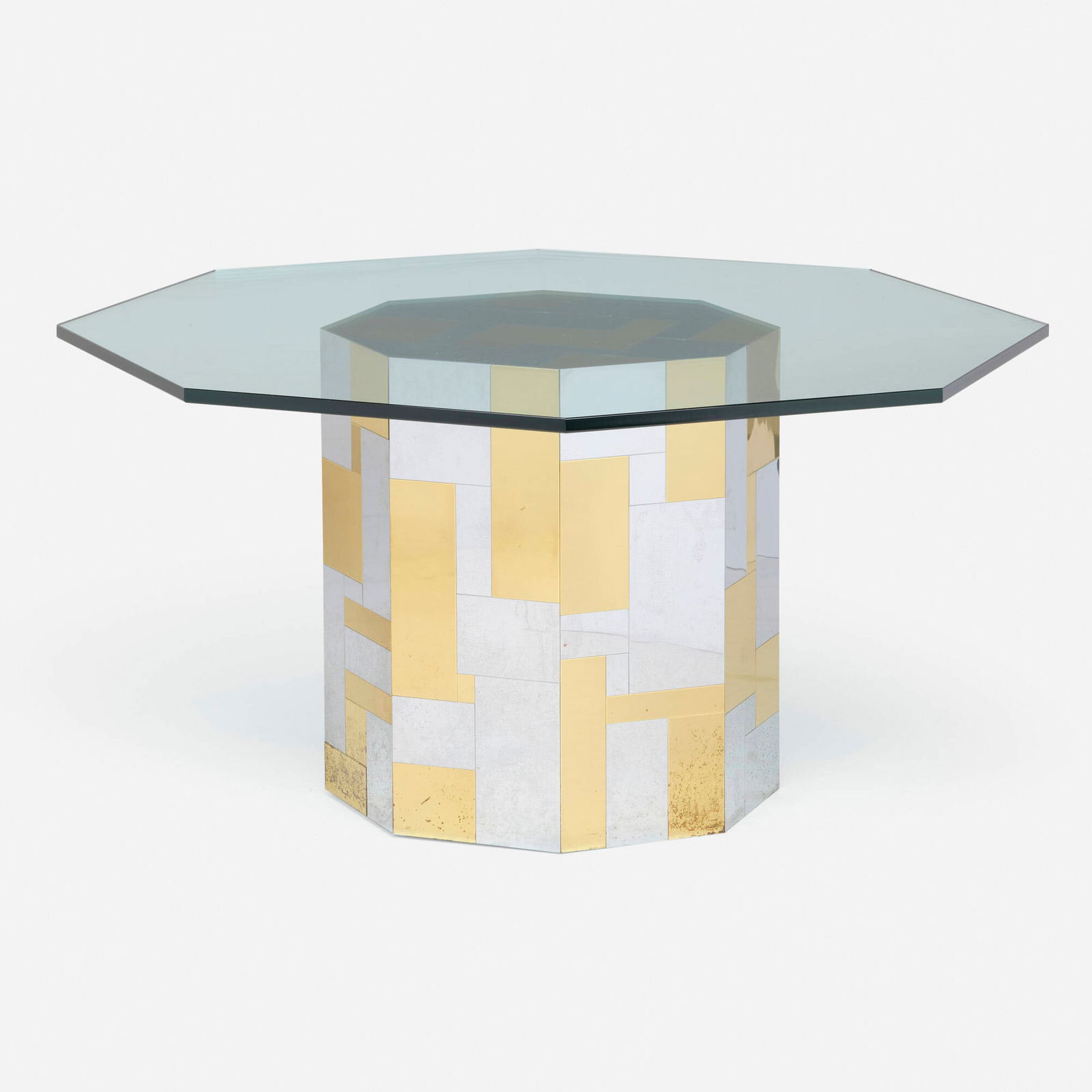 Paul Evans, Cityscape dining table from the PE 200 series: Paul Evans Cityscape dining table from the PE 200 series Paul Evans Studio for DirectionalUSA, c. 1975chrome-plated steel and brass, glass 25 h x 48 w x 48 d in (63 x 122 x 122 cm)