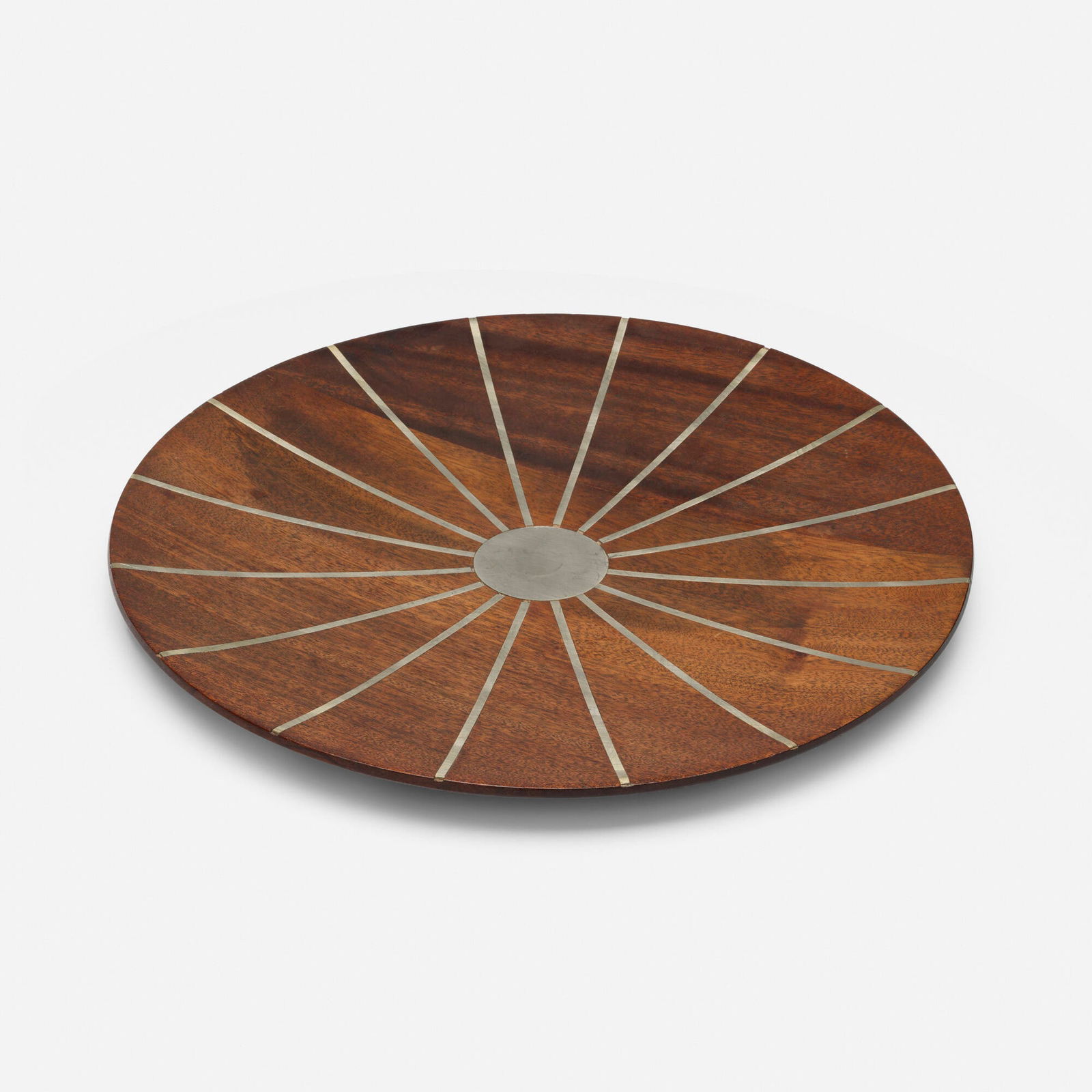 Phillip Lloyd Powell and Paul Evans, Charger: Phillip Lloyd Powell and Paul Evans Charger Designer's Inc.USA, 1956-57walnut, pewter 1.5 h x 17.5 dia in (4 x 44 cm) Manufacturer's label to underside 'Designer's Inc. Paul Evans'. <