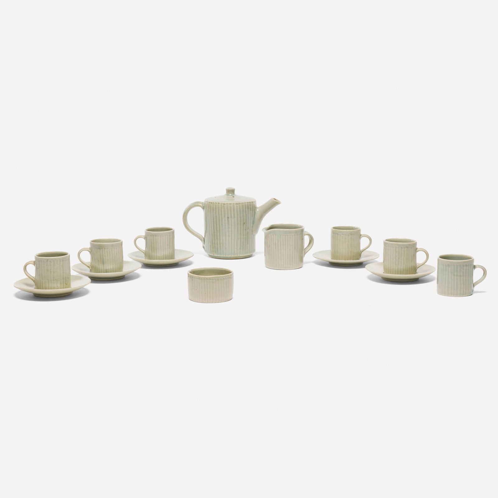 David Leach, Coffee service: David Leach Coffee service England, c. 1965glazed porcelain teapot: 5.25 h x 7.5 w x 4 d in (13 x 19 x 10 cm) cup: 2.25 h x 2.25 w x 2.125 d in (6 x 6 x 5 cm) saucer: 0.75 h x 4.75 dia in (2 x