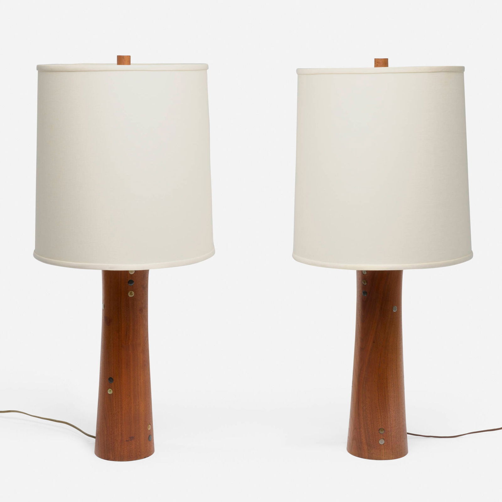 Gordon and Jane Martz, Table lamps model W6-45, pair: Gordon and Jane Martz Table lamps model W6-45, pair Marshall StudiosUSA, c. 1955walnut, glazed earthenware, linen shades 35.5 h x 16 dia in (90 x 41 cm) Provenance: Esta