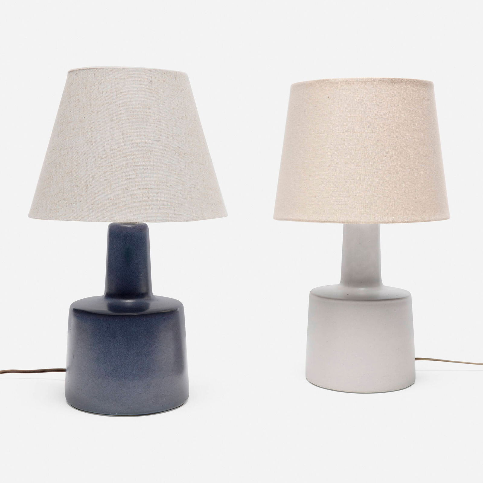 Gordon and Jane Martz, Table lamps model 105, set of two: Gordon and Jane Martz Table lamps model 105, set of two Marshall StudiosUSA, c. 1955glazed stoneware, linen shades 17 h x 10 dia in (43 x 25 cm) Incised signature to lower edge of each e