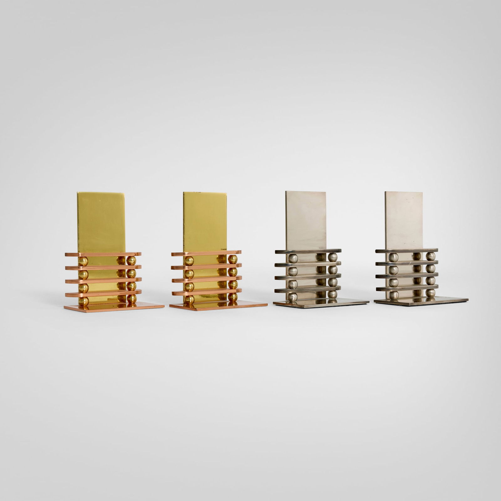 Walter von Nessen, Octaball bookends, two pairs: Walter von Nessen Octaball bookends, two pairs Chase Brass & Copper Co.USA, c.1935chrome and brass-plated steel, copper 5.5 h x 4 w x 2 d in (14 x 10 x 5 cm) This work will