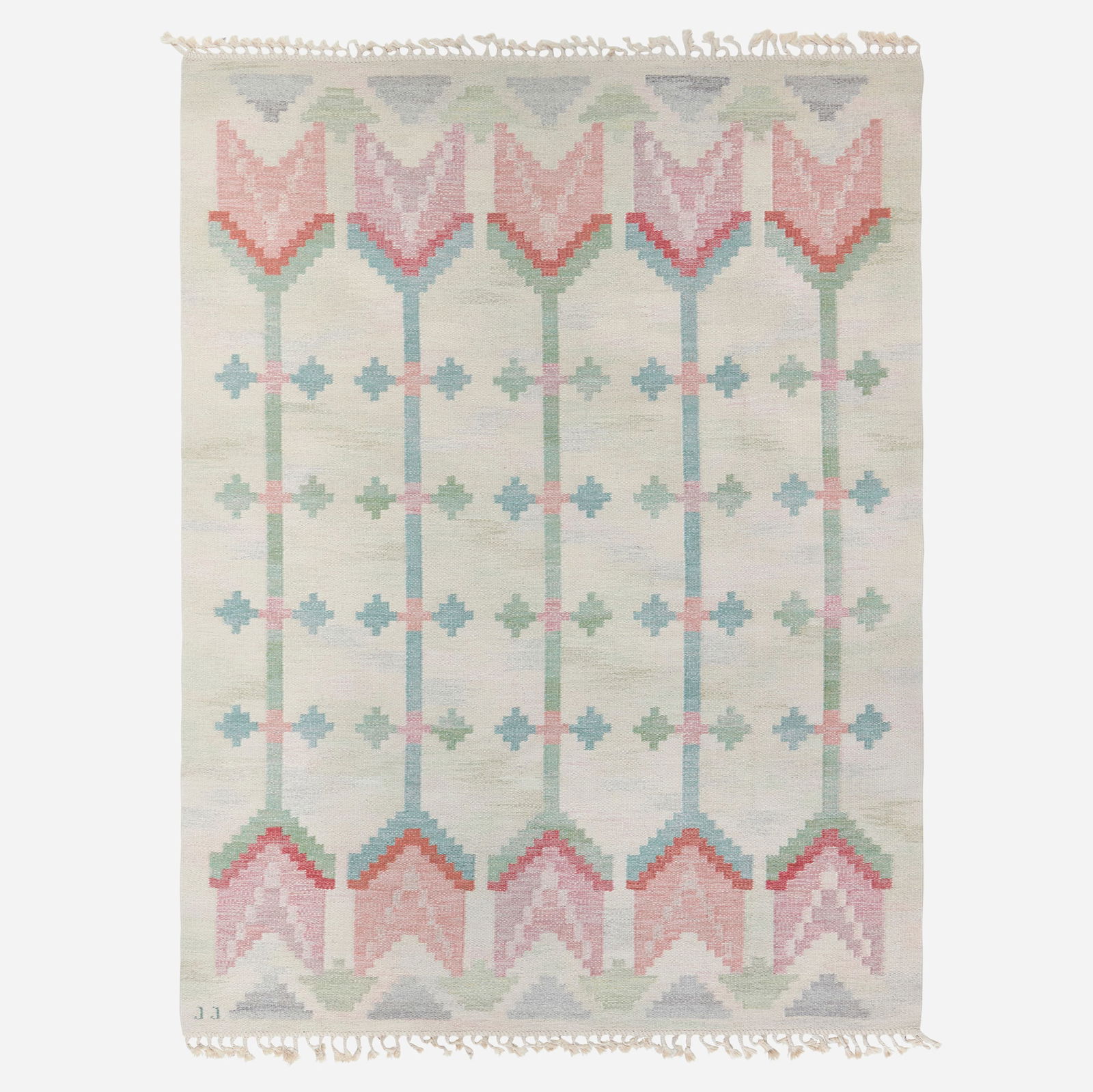 Judith Johansson, Flatweave carpet: Judith Johansson Flatweave carpet Sweden, 3rd quarter 20th centuryhand-woven wool 6'3" x 8'4" in (190 x 254 cm) Woven signature to edge 'JJ'. This work will ship from Lambe