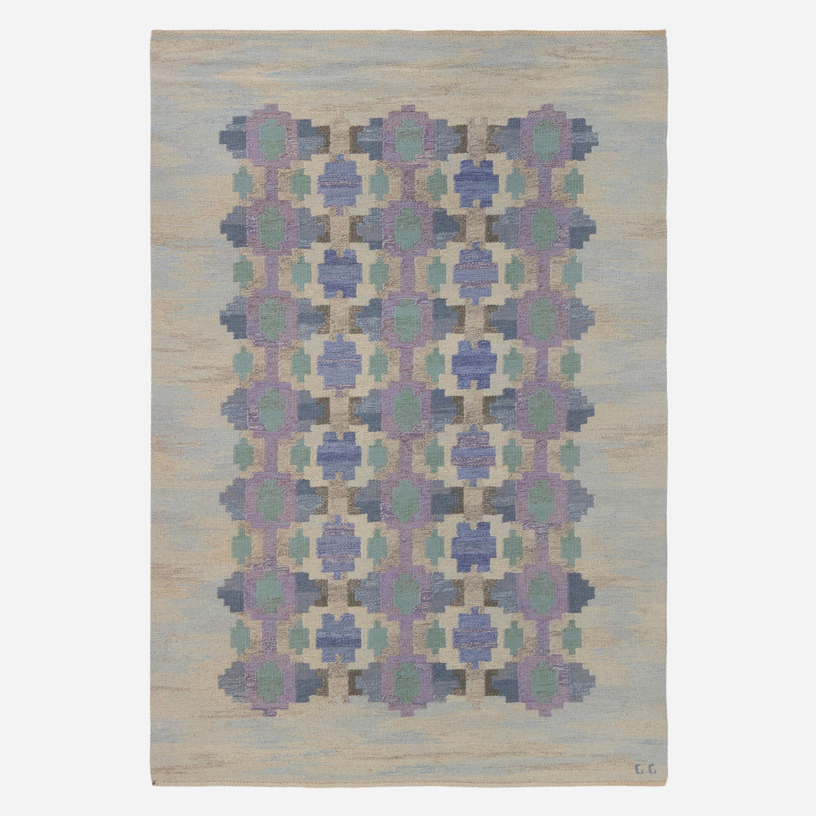 Judith Johansson, Flatweave carpet: Judith Johansson Flatweave carpet Sweden, c. 1950hand-woven wool 5'5" x 8' in (165 x 244 cm) This work will ship from Lambertville, New Jersey.