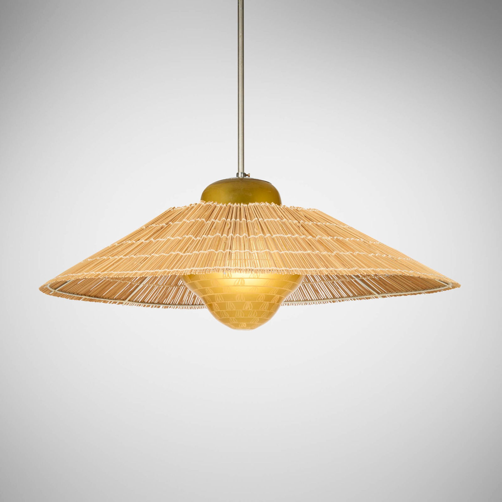 Gunilla Jung and Lisa Johansson-Pape, Pendant light: Gunilla Jung and Lisa Johansson-Pape Pendant light IdmanFinland, c. 1940painted glass, bamboo shade, nickel-plated brass, painted steel 39.25 h x 24.75 dia in (100 x 63 cm) Metal manufac