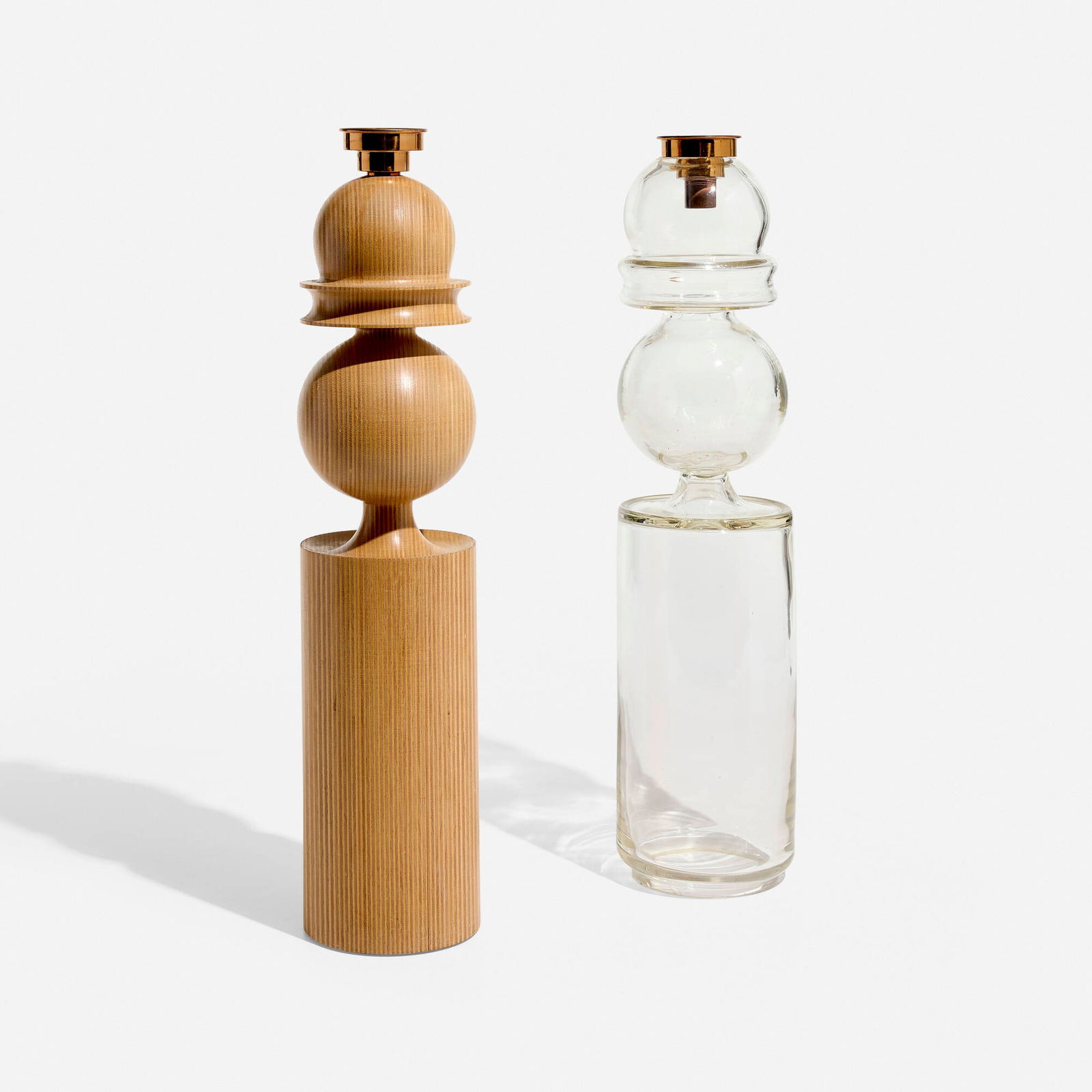 Pentti Sarpaneva, Table lamp bases, set of two: Pentti Sarpaneva Table lamp bases, set of two Finland, c. 1965laminated and turned birch, glass, copper 20 h x 5 dia in (51 x 13 cm) Stamped signature to underside of wood example 'Pentti Sarp