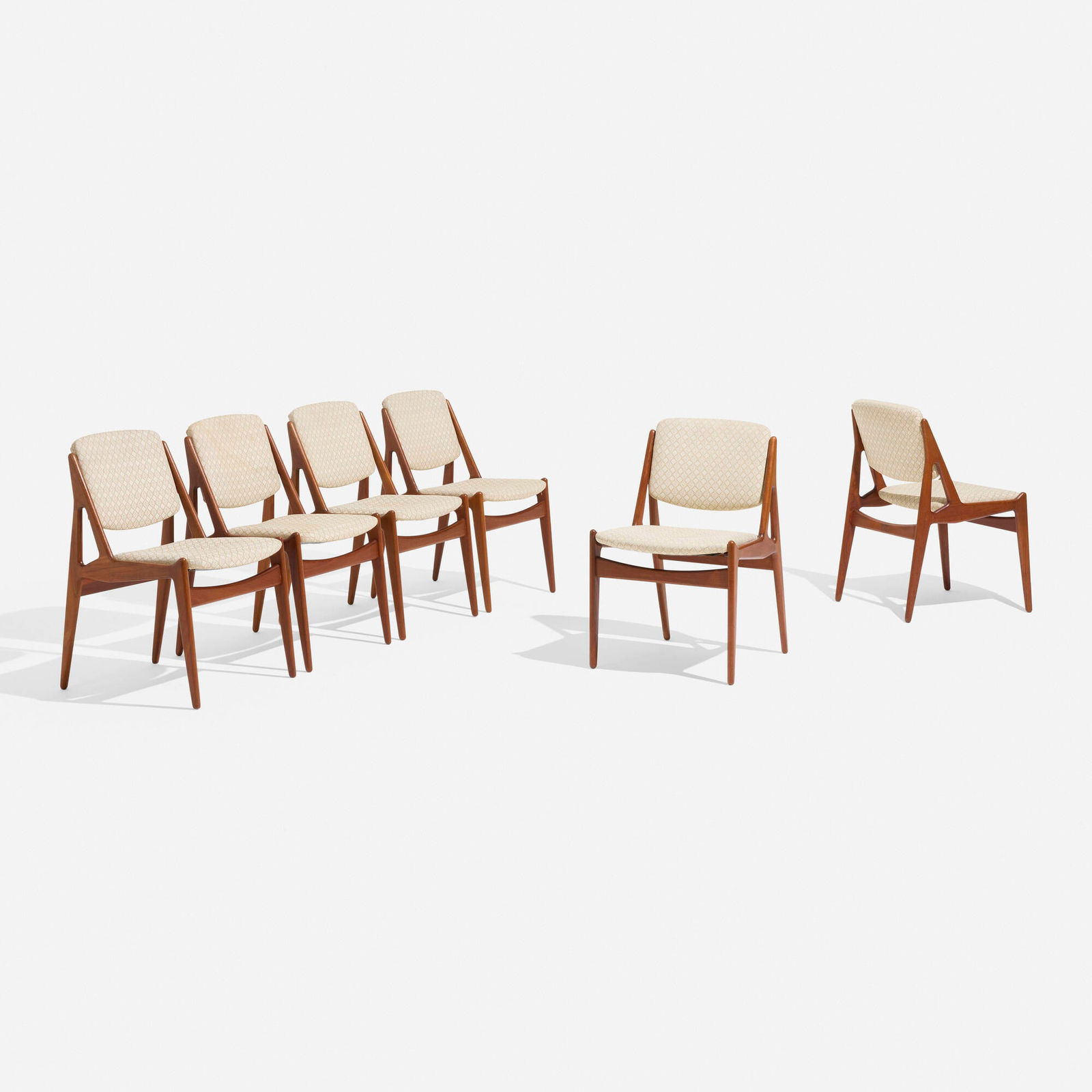 Arne Vodder, Dining chairs, set of six: Arne Vodder Dining chairs, set of six Vamo SonderborgDenmark, c. 1965upholstery, teak 31 h x 19.5 w x 20 d in (79 x 50 x 51 cm) Chairs feature reclining backrests. Th
