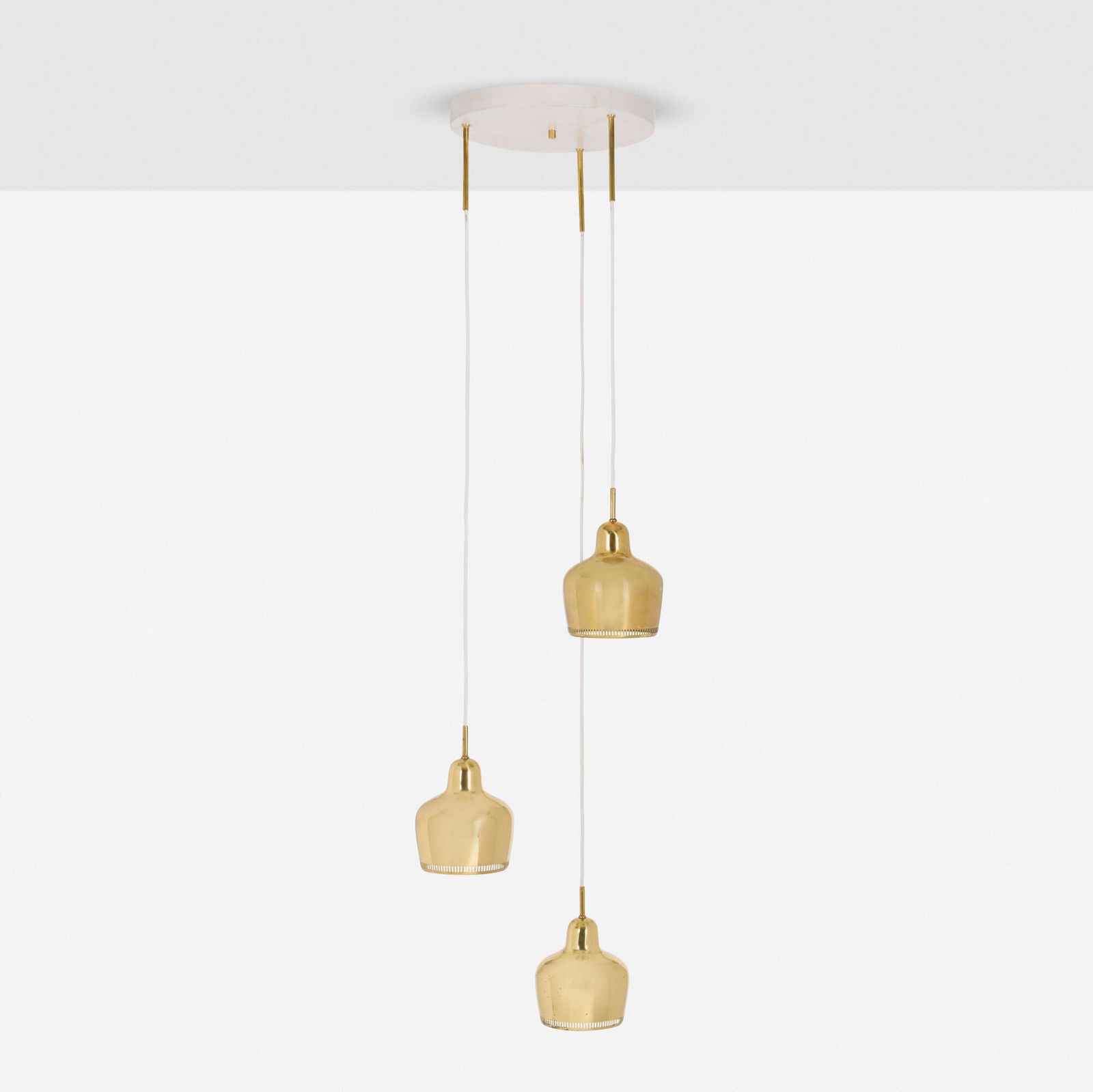Alvar Aalto, Pendant lamps model A330S, set of three: Alvar Aalto Pendant lamps model A330S, set of three ArtekFinland, 1936 / c. 1958brass, painted steel 62 h x 16.5 dia in (157 x 42 cm) Literature: Alvar Aalto & Aino A