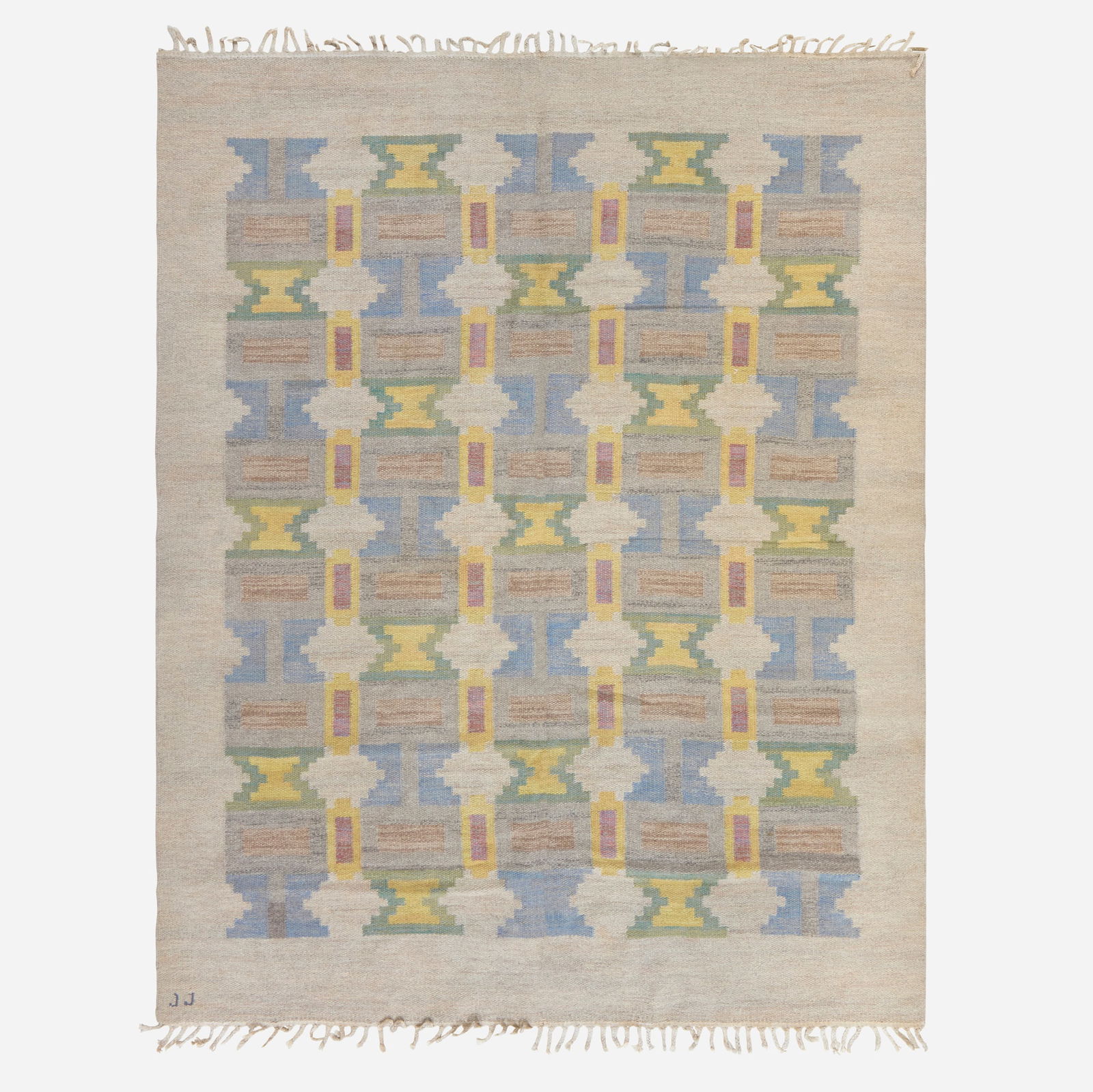 Judith Johansson, Flatweave carpet: Judith Johansson Flatweave carpet Sweden, c. 1955hand-woven wool 6'7" x 8'2" in (201 x 249 cm) Woven signature to edge 'JJ'. This work will ship from Lambertville, New Jers