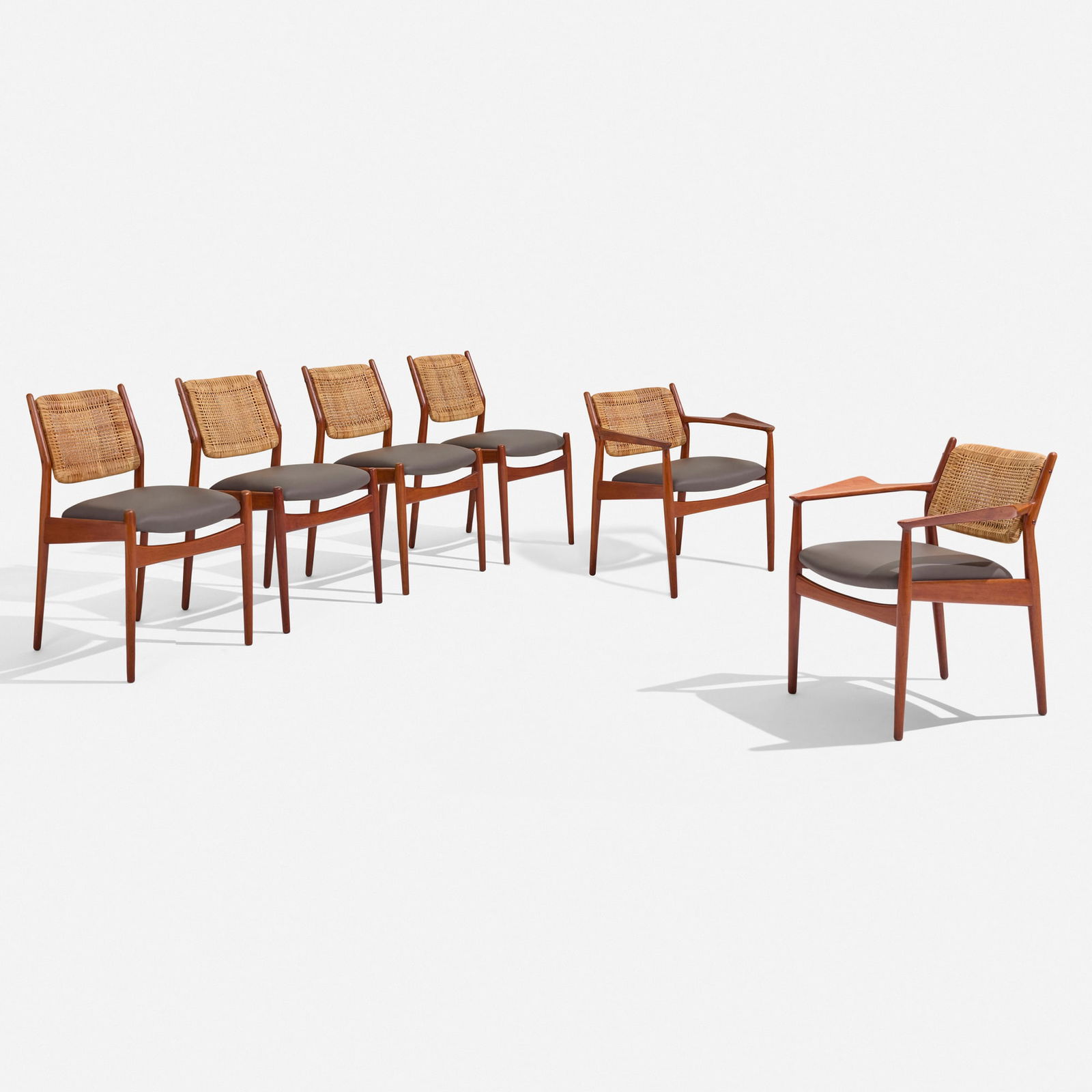 Arne Vodder, Dining chairs model 51, set of six: Arne Vodder Dining chairs model 51, set of six Sibast MoblerDenmark, c. 1950teak, cane, leather armchair: 30.25 h x 26 w x 23.25 d in (77 x 66 x 59 cm) chair: 30.25 h x 20.25 w x 31 d in (77