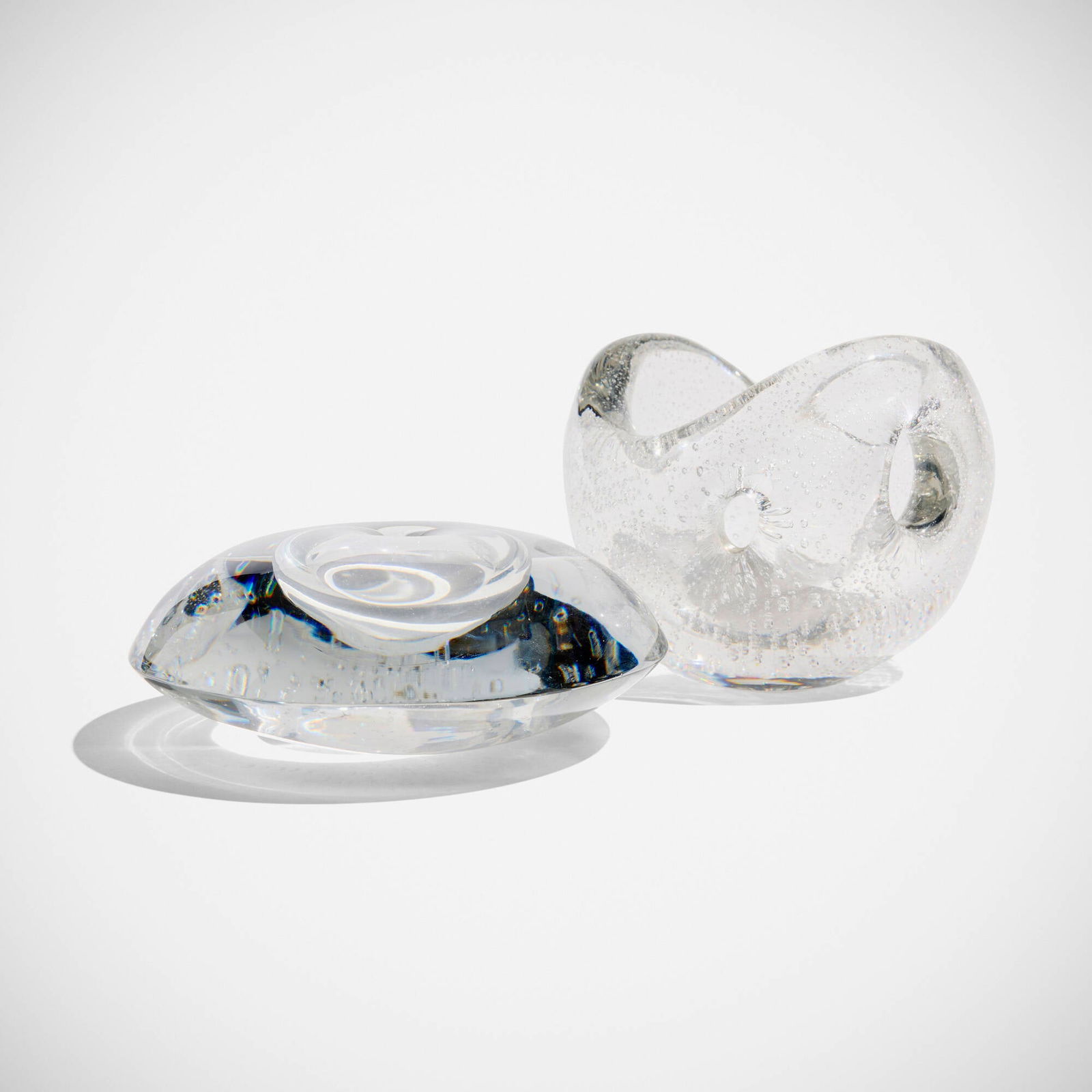 Timo Sarpaneva, Art Objects, set of two: Timo Sarpaneva Art Objects, set of two IittalaFinland, 1951, c. 1955glass 5.24 h x 7 w x 6.5 d in (13 x 18 x 17 cm) 3 h x 7 dia in (8 x 18 cm) Set includes Devil's Pearl, model