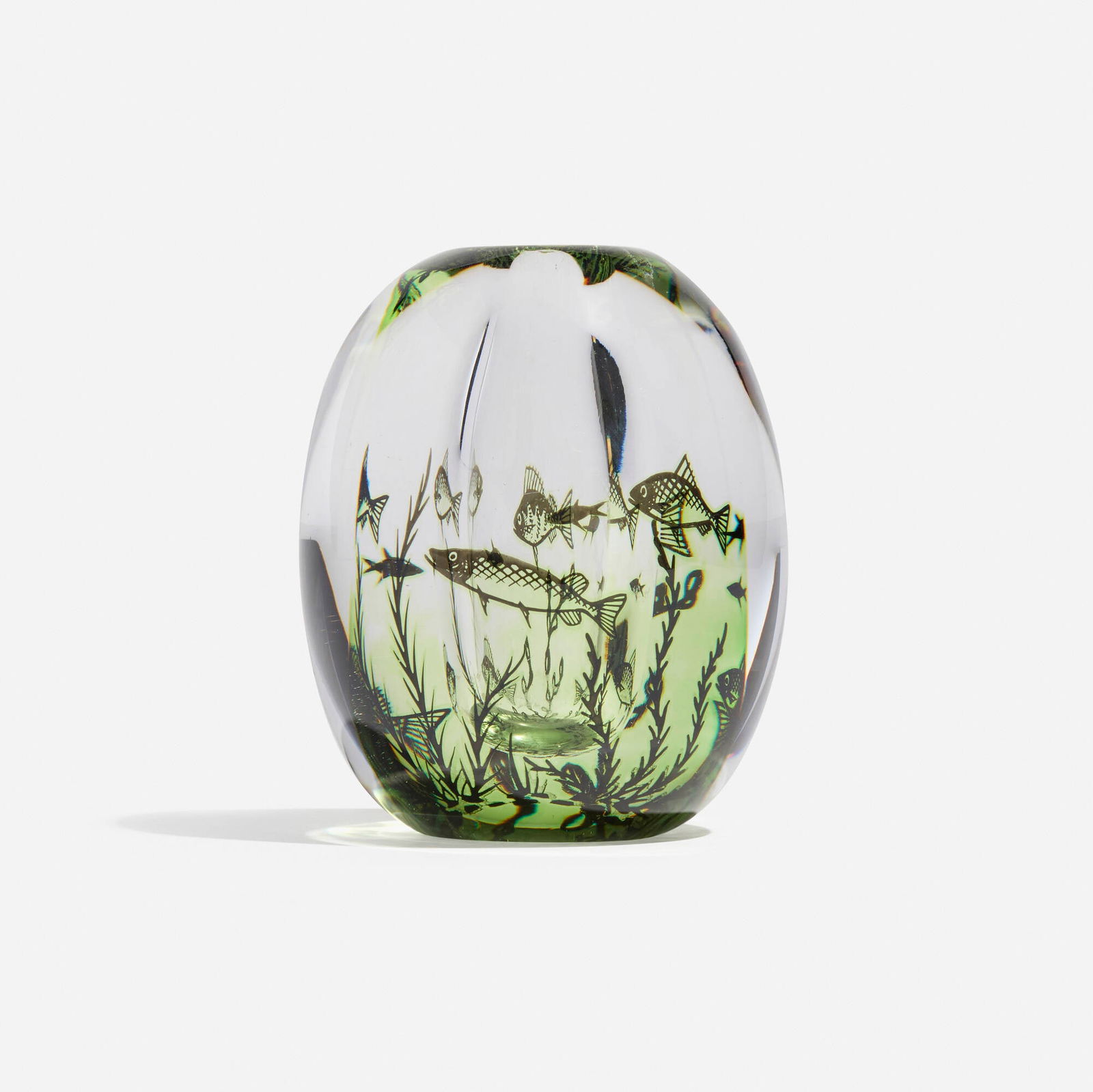 Edward Hald, Graal fish vase: Edward Hald Graal fish vase OrreforsSweden, c. 1936 / c. 1956glass 5 h x 4.25 dia in (13 x 11 cm) Incised signature and number to underside 'Orrefors Graal No 450N Edward Hald'. <