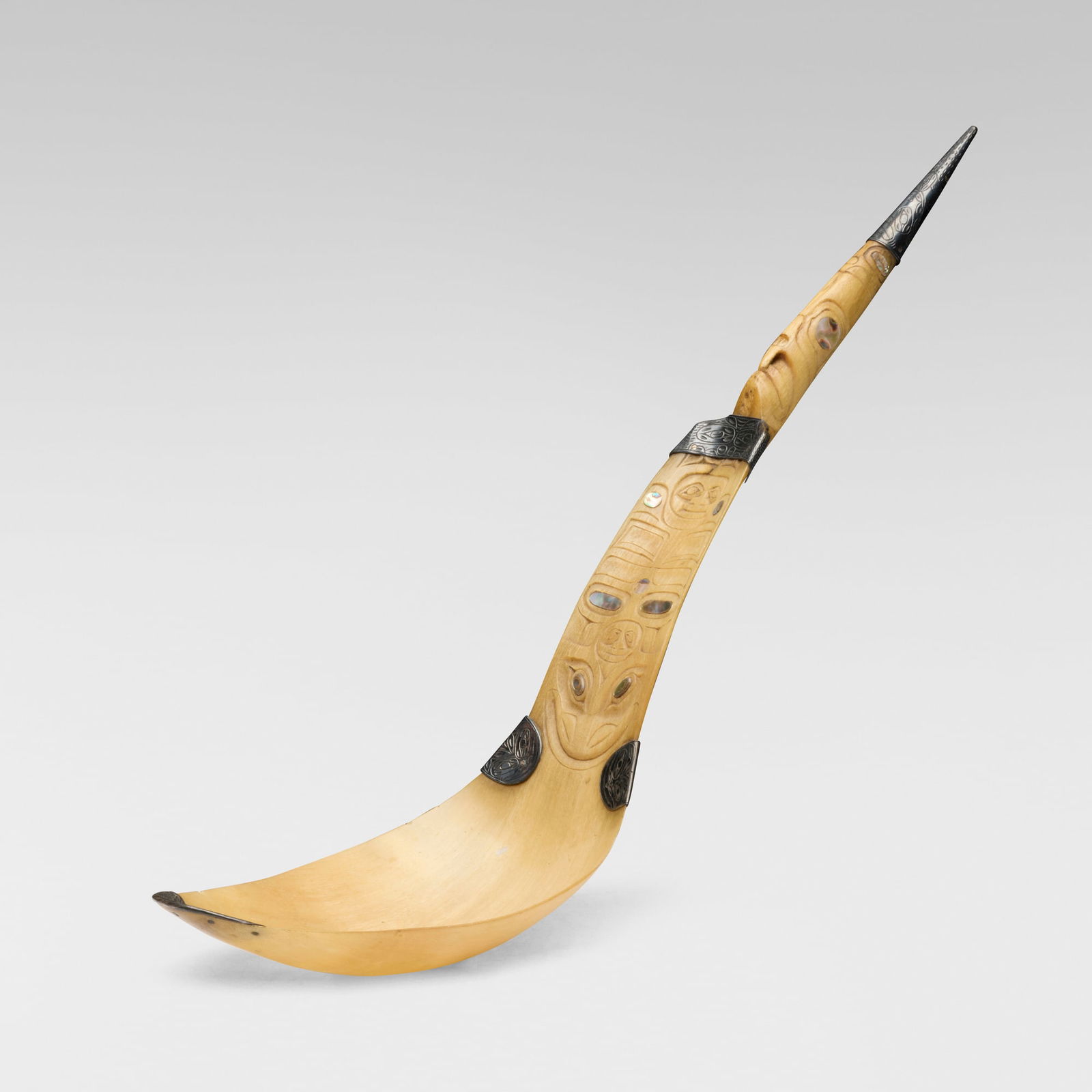 Tlingit, Horn spoon: Tlingit Horn spoon Coastal Southwest Alaskahorn, silver, abalone shell 18.5 h x 4.25 w x 4.25 d in (47 x 11 x 11 cm) 5.02 ozt (gross weight). Provenance: Collection of