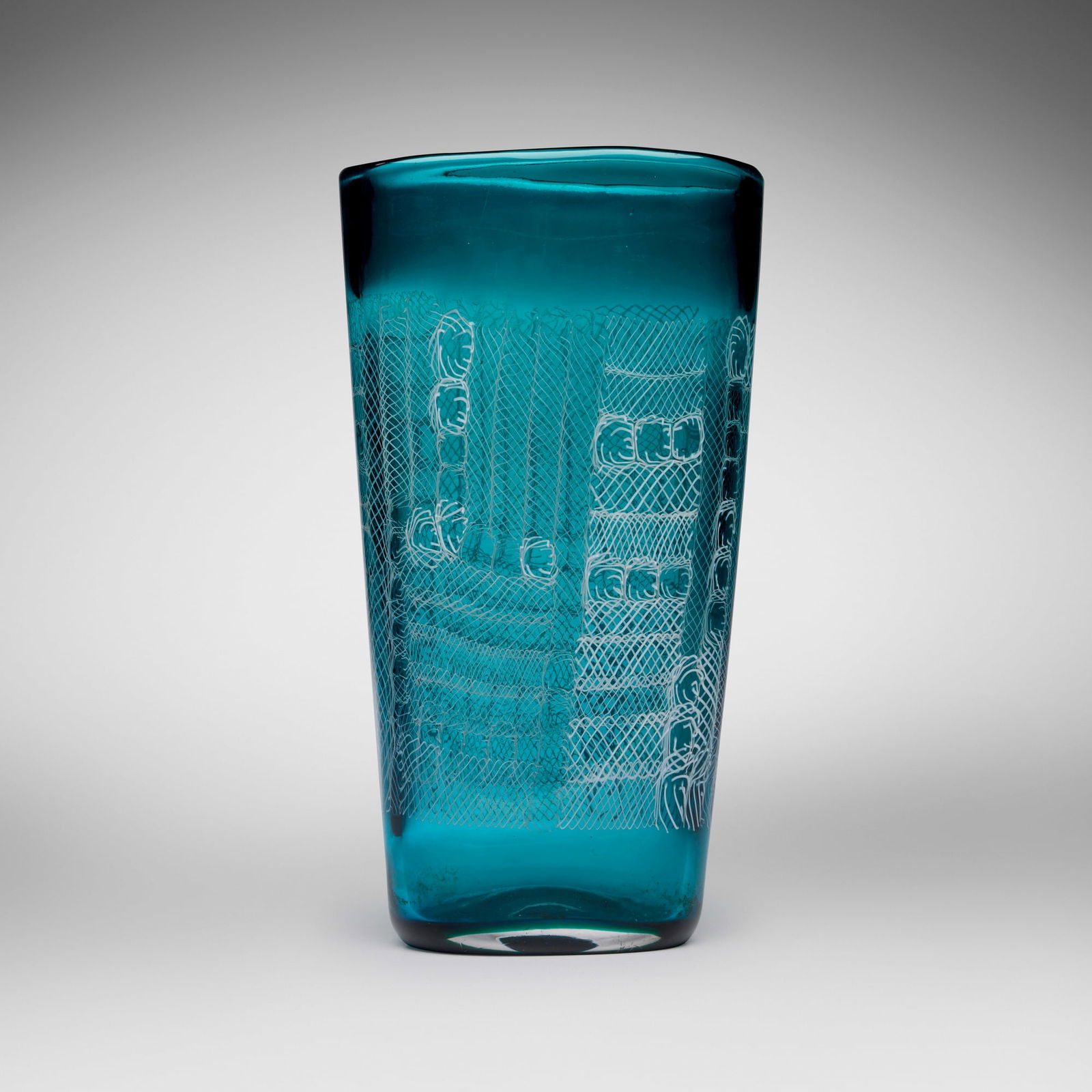 Paolo Venini, Mosaico Zanfirico vase, model 3858: Paolo Venini Mosaico Zanfirico vase, model 3858 VeniniItaly, 1954transparent blue glass with alternating lattimo canes 10.25 h x 5.625 w x 3.625 d in (26 x 14 x 9 cm) Signed with three-l