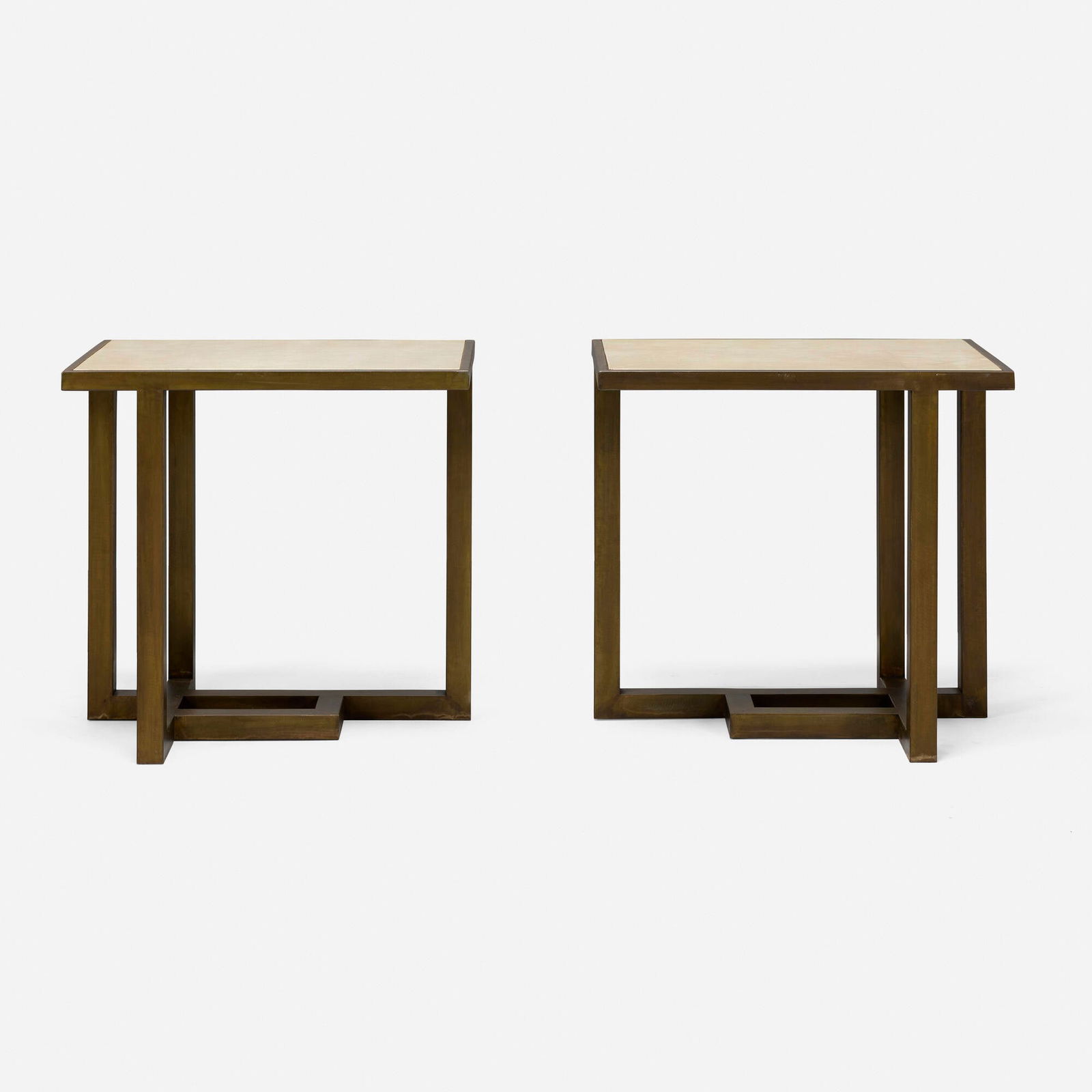 In the manner of Paul Dupre-Lafon, Occasional tables, pair: In the manner of Paul Dupre-Lafon Occasional tables, pair late 20th centurywrought iron, parchment 23.75 h x 25.5 w x 23.5 d in (60 x 65 x 60 cm) This work will ship from Los Ange