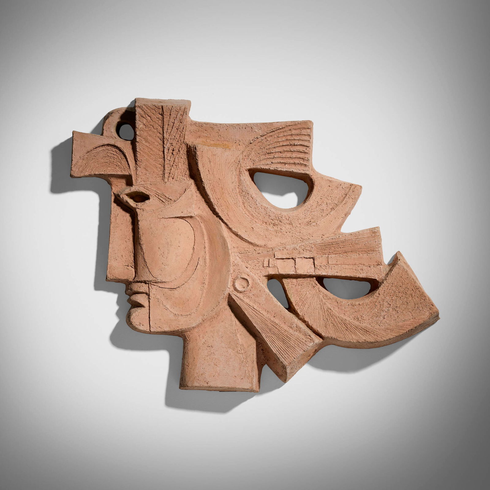 Jean Derval, Wall sculpture: Jean Derval Wall sculpture c. 1955terracotta 16.75 h x 22 w x 4.5 d in (43 x 56 x 11 cm) Impressed signature to underside 'Jean Derval'. Provenance: Magen H Gallery, Ne