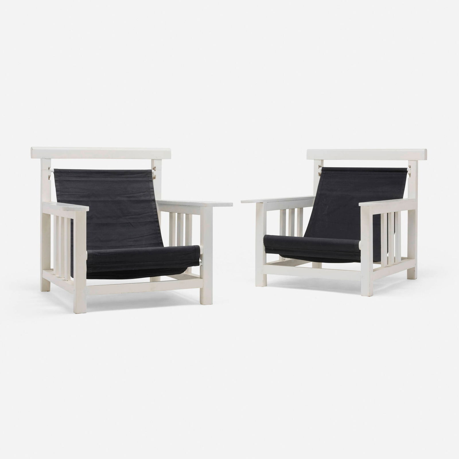Robert Mallet-Stevens, Lounge chairs, pair: Robert Mallet-Stevens Lounge chairs, pair France, c. 1930painted wood, canvas 31.5 h x 33 w x 35.75 d in (80 x 84 x 91 cm) Provenance: Private Collection T