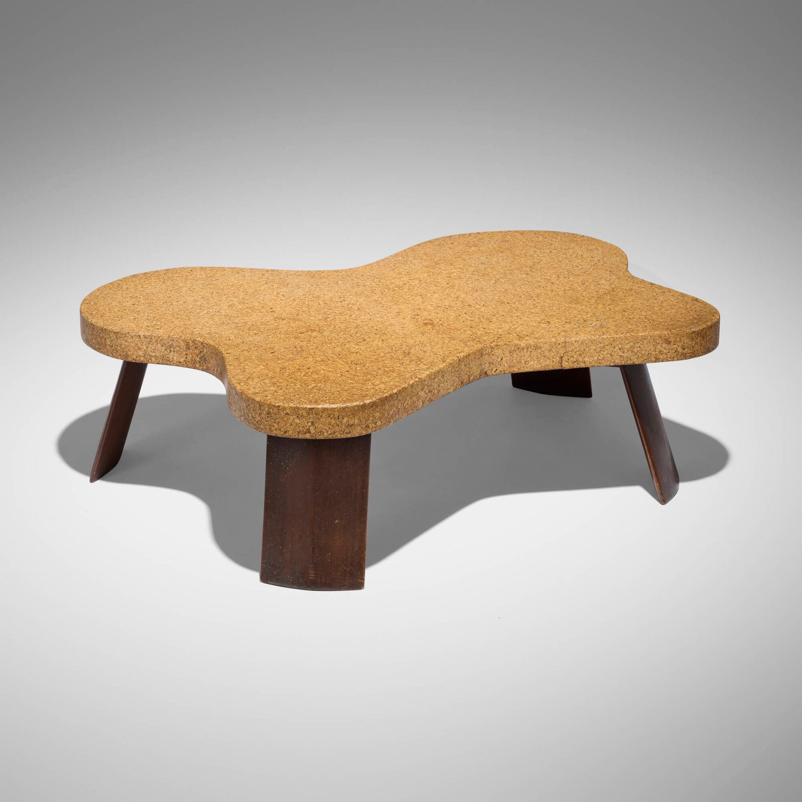 Paul T. Frankl, Coffee table, model 5005: Paul T. Frankl Coffee table, model 5005 Johnson Furniture CompanyUSA, c. 1951lacquered cork, stained mahogany 14.5 h x 47 w x 35.5 d in (37 x 119 x 90 cm) Stamped manufacturer's mark to