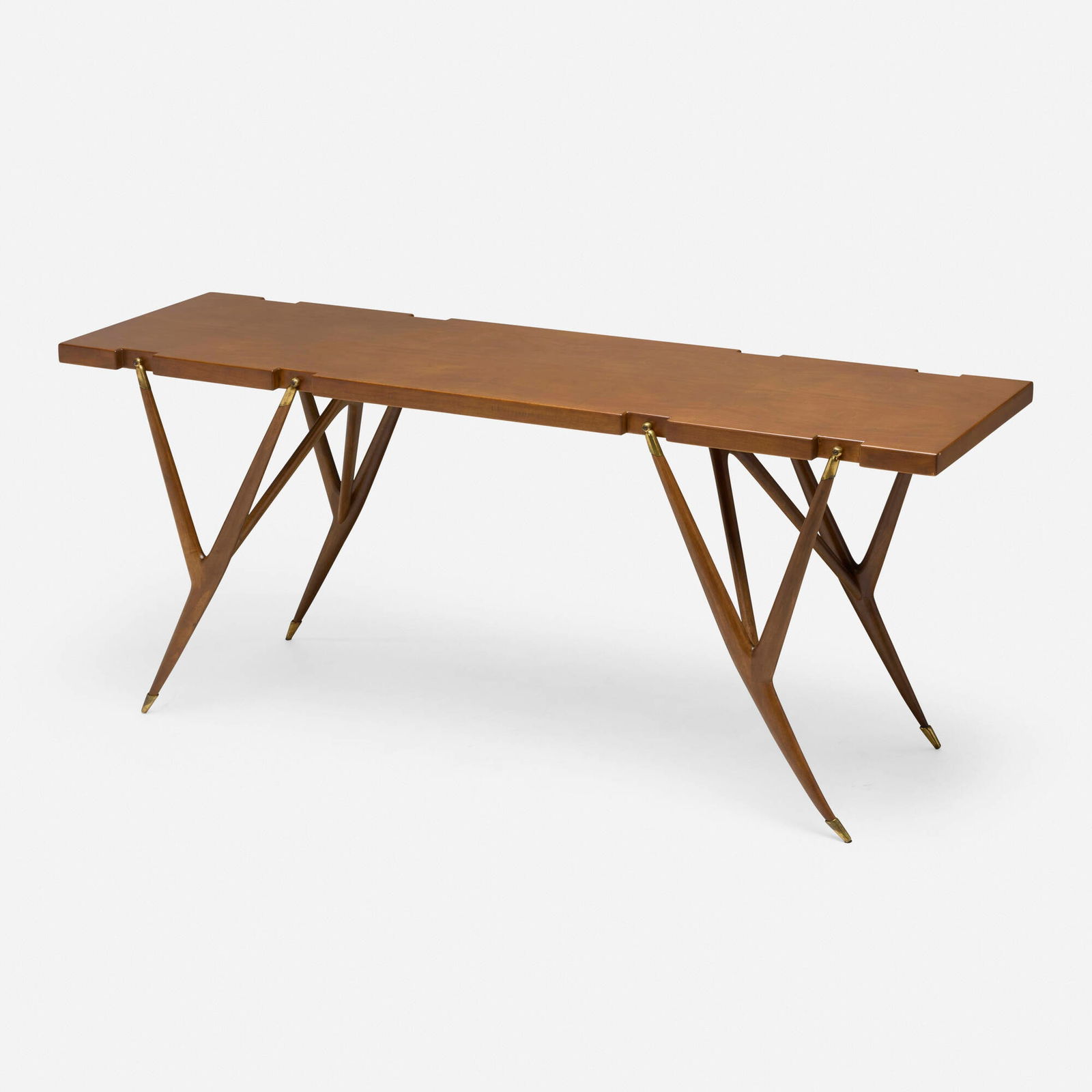 Ico Parisi, Console table: Ico Parisi Console table Singer & SonsItaly / USA, c. 1952Italian walnut, brass 29.5 h x 70.75 w x 19.5 d in (75 x 180 x 50 cm) Impressed to underside 'Made in Italy' with partial manufa