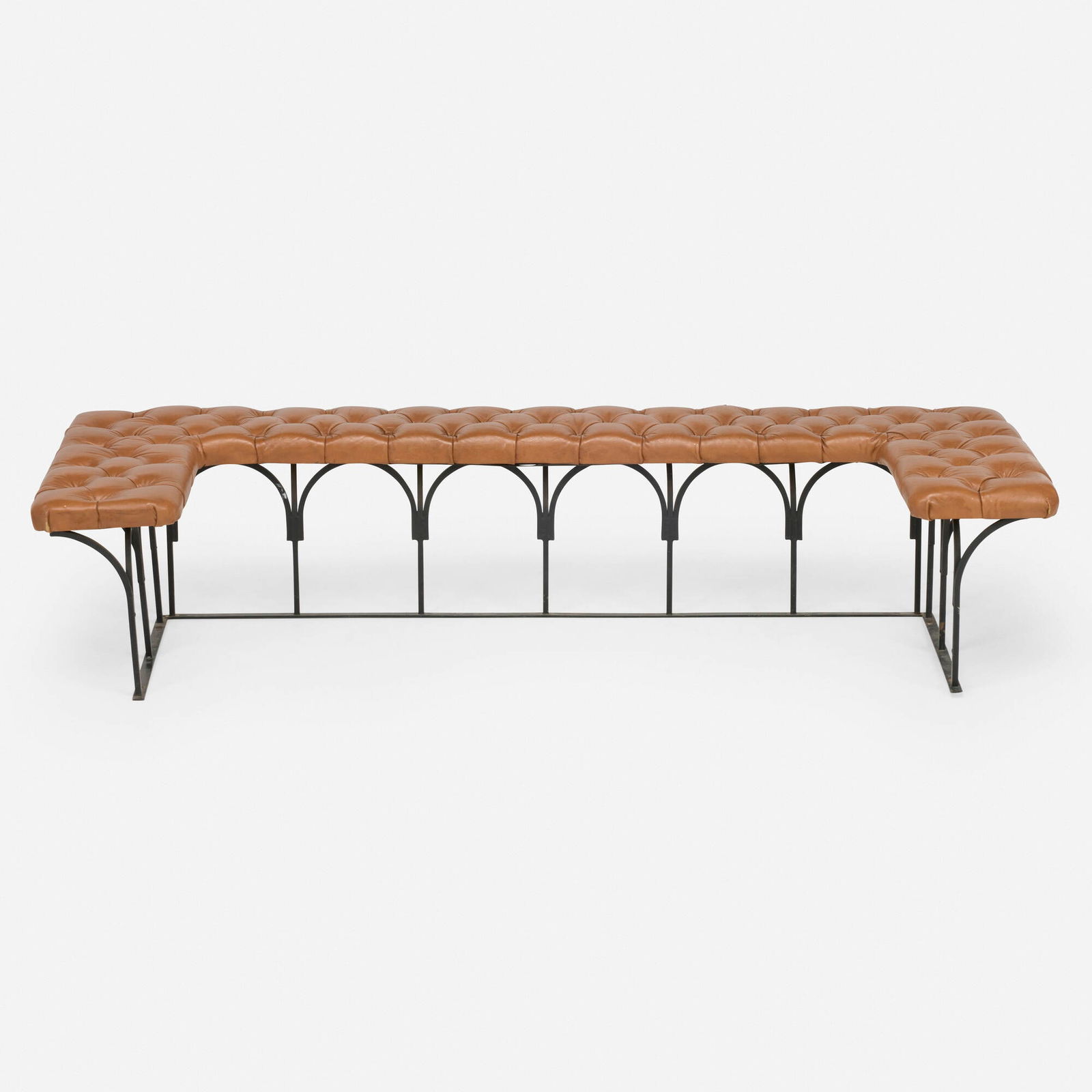 George Nelson & Associates, Fireplace fender bench from George Nelson's residence: George Nelson & Associates Fireplace fender bench from George Nelson's residence Treitel GratzUSA, c. 1955wrought iron, Herman Miller leather upholstery 13.25 h x 62 w x 24 d in (34 x 157 x 61