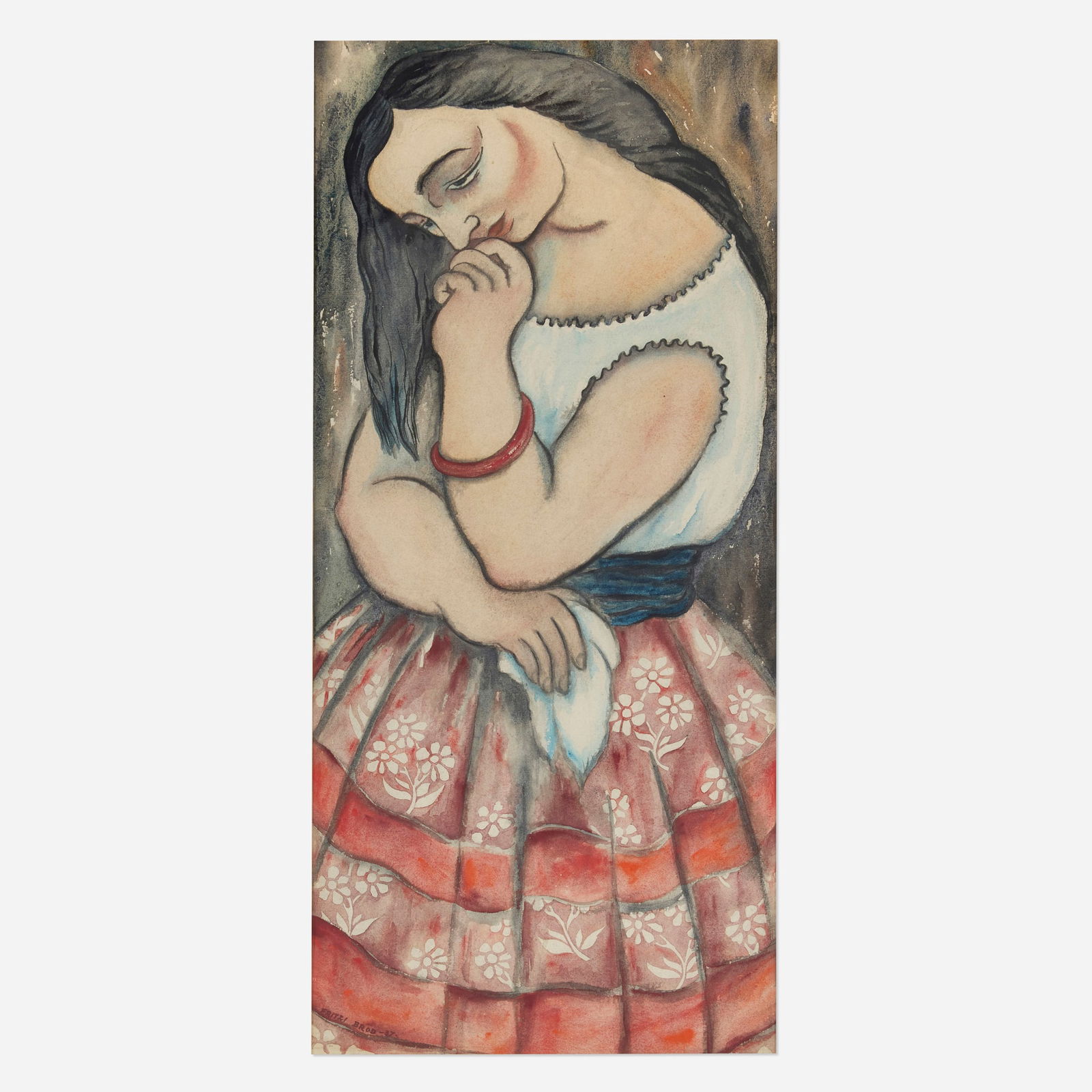 Fritzi Brod, Untitled (Woman in a Floral Skirt): Fritzi Brod Untitled (Woman in a Floral Skirt) 1937watercolor on paper 22.625 h x 11.25 w in (57 x 29 cm) Signed and dated to lower left 'Fritzi Brod -37.'. Provenance:
