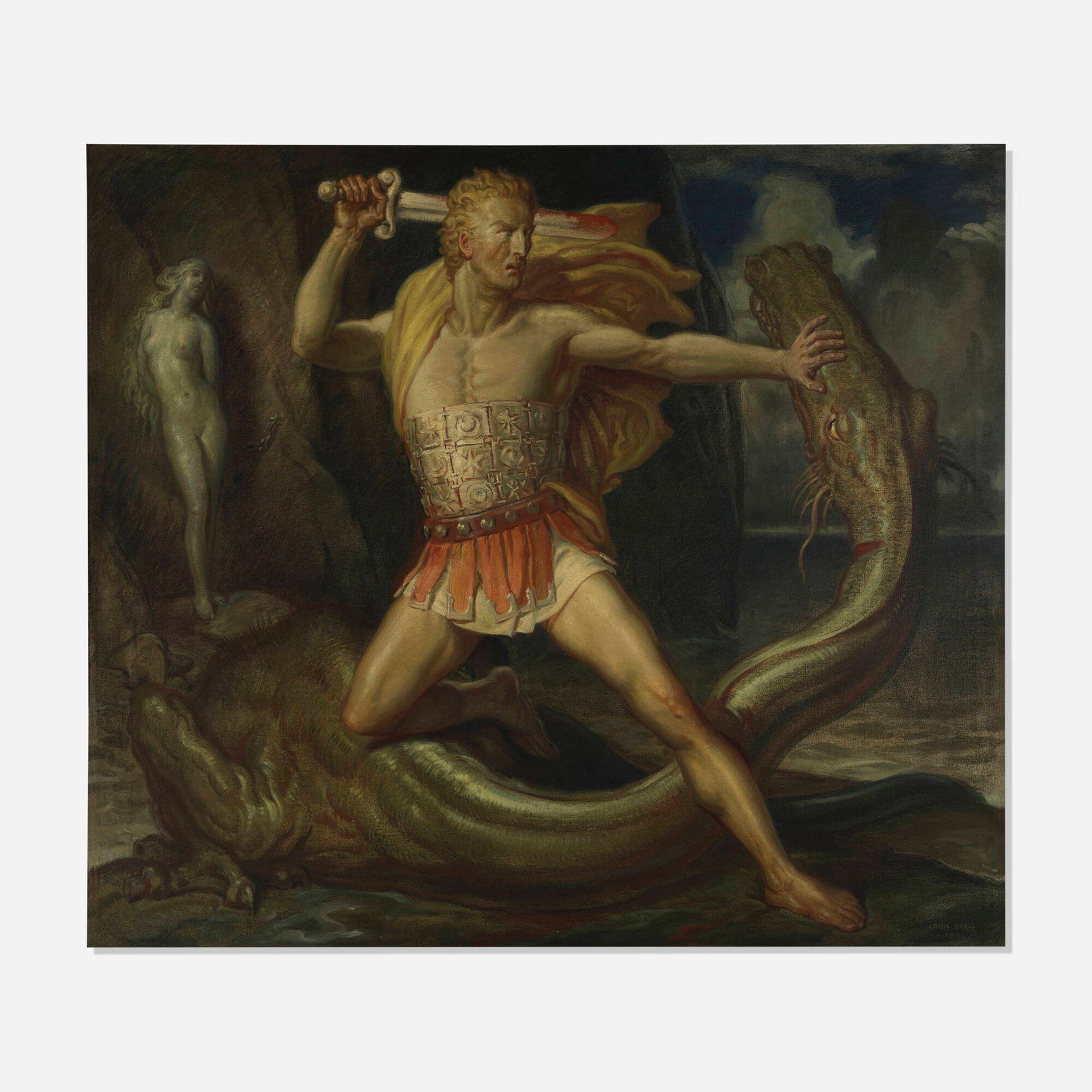 Louis Grell, Perseus and Andromeda: Louis Grell Perseus and Andromeda 1932 oil on canvas 44 h x 50 w in (112 x 127 cm) Signed and dated to lower right 'Louis Grell 1932'. Signed to verso 'By Louis Grell'. This