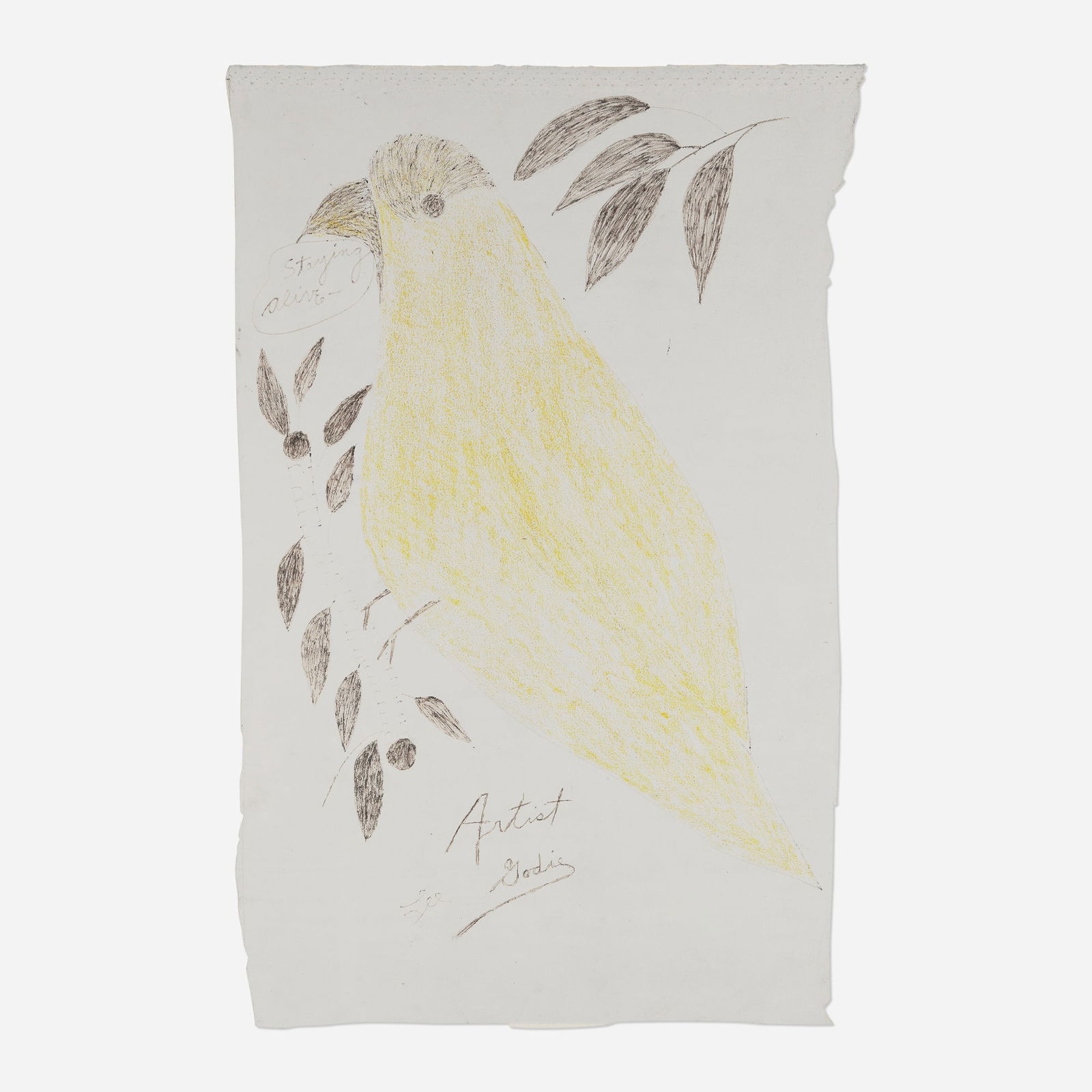 Lee Godie, Staying Alive: Lee Godie Staying Alive ballpoint pen and crayon on unstretched canvas 26 h x 17.5 w in (66 x 44 cm) Signed, titled and inscribed 'Staying Alive Artist Lee Godie'. This work will