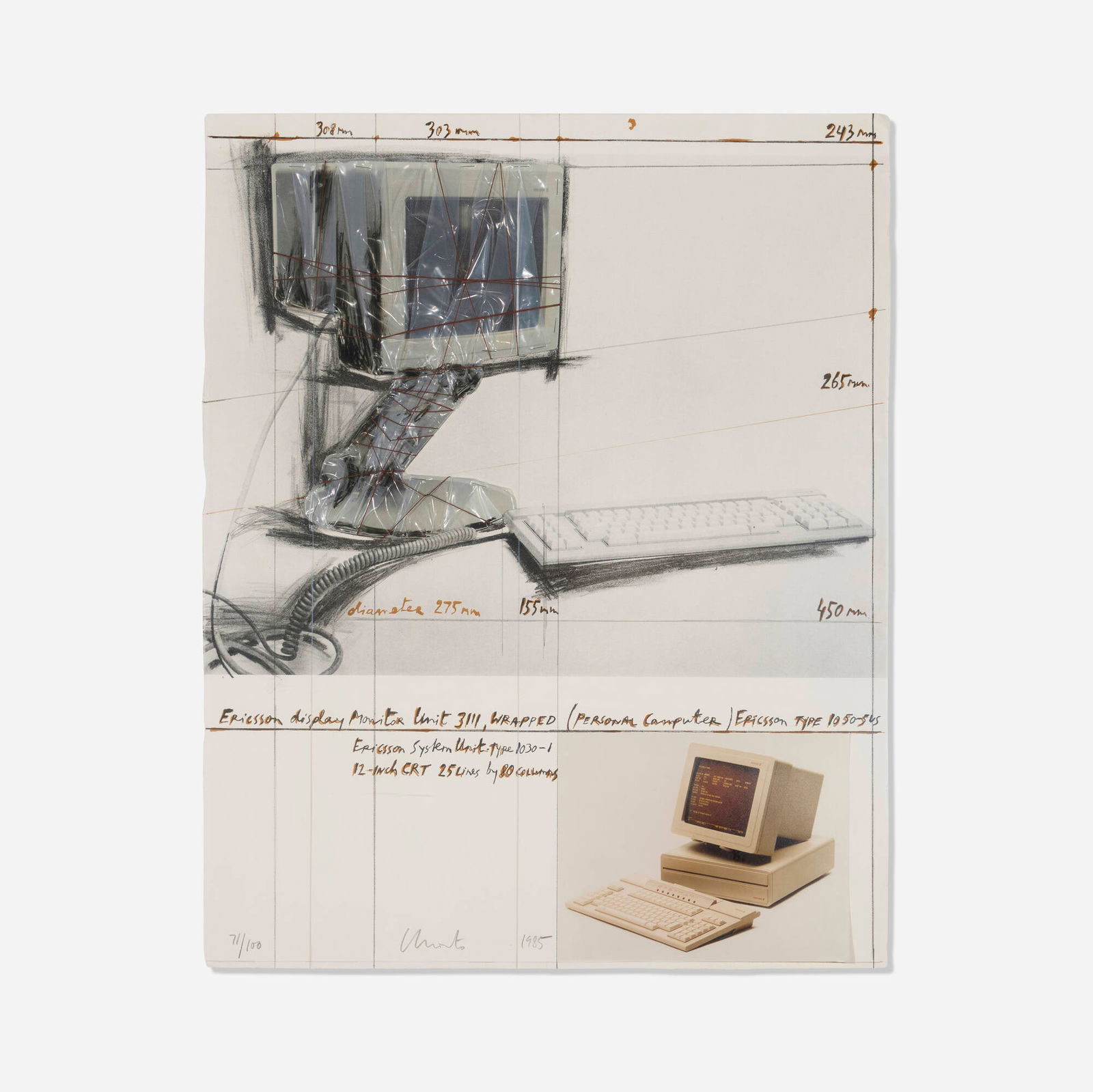 Christo, Ericsson Display Monitor Unit 3111, Wrapped, Project for Personal Computer: Christo Ericsson Display Monitor Unit 3111, Wrapped, Project for Personal Computer 1985offset lithograph in colors with collage on paper mounted to museum board 28 h x 22.24 w in (71 x 56 cm)