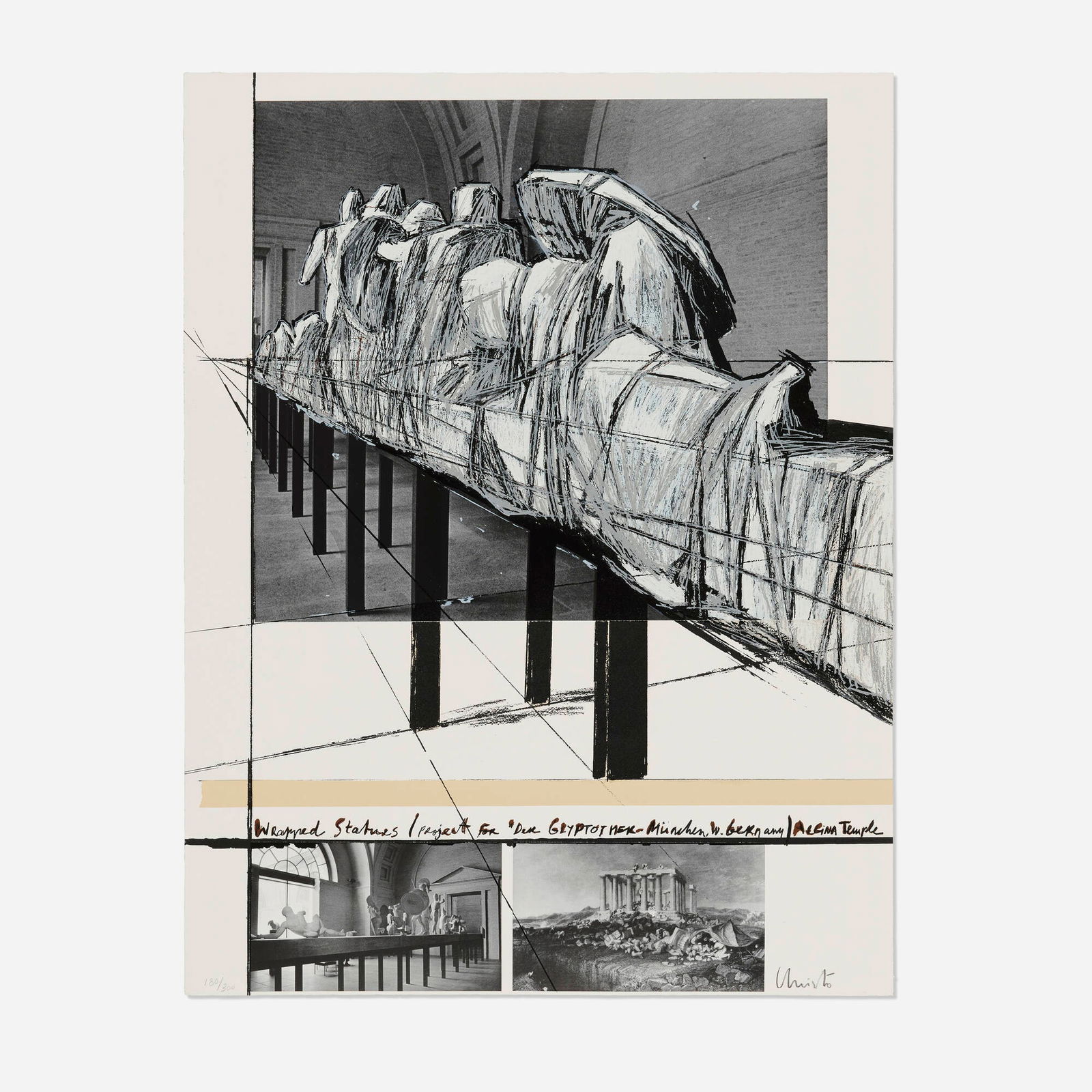 Christo, Wrapped Statues (Project for Der Glyptotek in Munich Aegean Temple): Christo Wrapped Statues (Project for Der Glyptotek in Munich Aegean Temple) 1988screenprint in colors with offset lithograph collage on Arches Cover 35.125 h x 27 w in (89 x 69 cm) Signed and